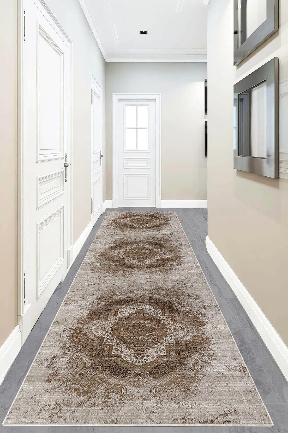 Pelangi Osmanlı Motifler Desenli Etnik Dijital Baskı Yıkanabilir Kaymaz Taban Eskitme Salon Halısı (Gri), Gri 80 x 400, 955568412804007
