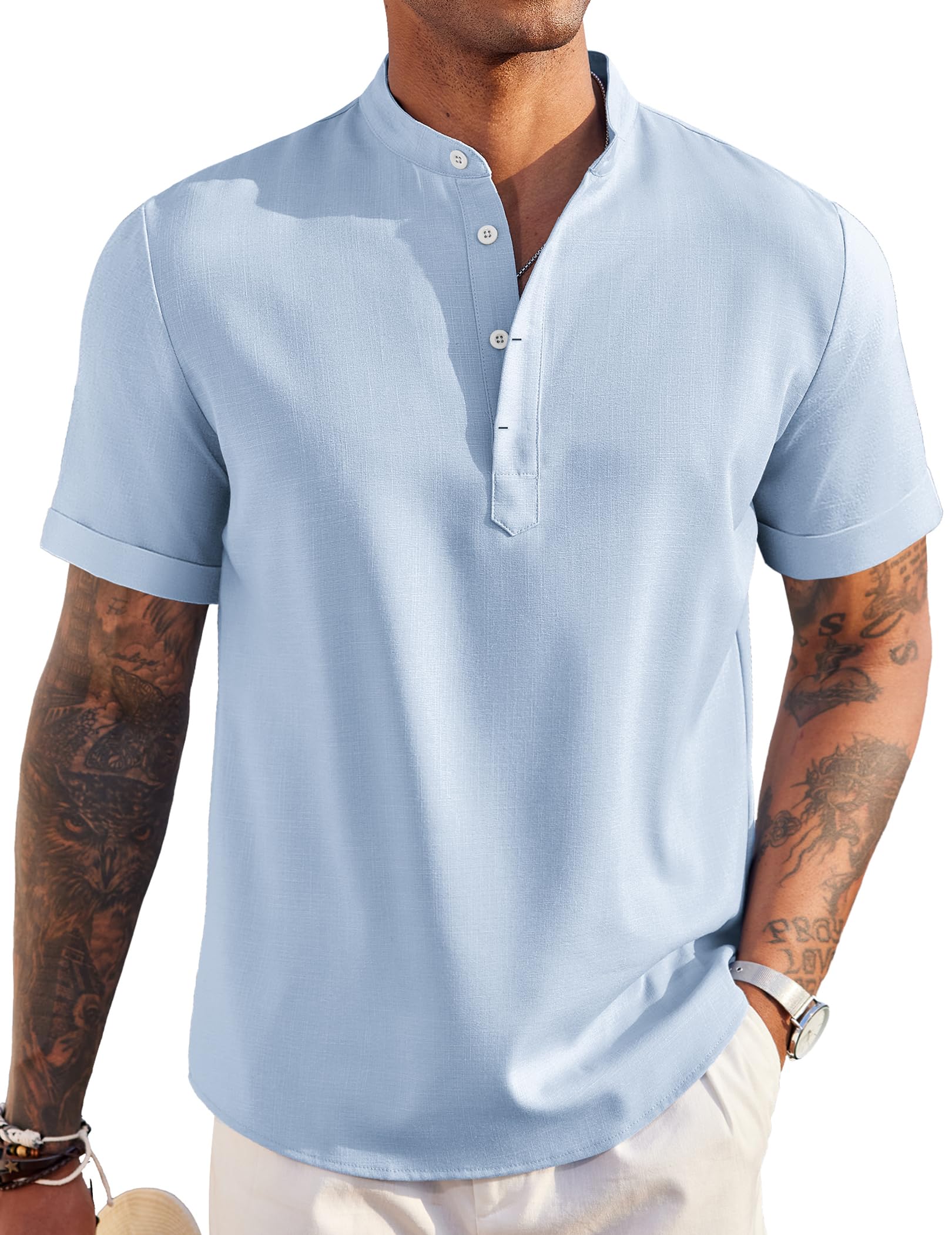 COOFANDY Men's Linen Henley Shirt Short Sleeve Casual Summer Beach Hippie T Shirts