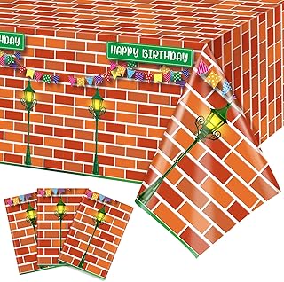 Funrous Red Brick Wall Street Party Decorations Cartoon Street Birthday Plastic Tablecloth 54 x 108 Inch Disposable Waterproof Rectangle Table Cover for Cartoon Friends Themed Birthday Party Supplies