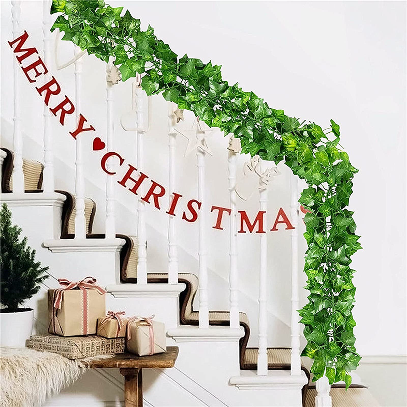 12Pcs x 2m Lierre Plantes Artificiel Guirlande avec 20pcs Attaches Câble Vigne Artificielle Faux Feuillage Intérieur Exterieur Retombant Decoration pour Chambre Balcon Jardin Bureau Fête