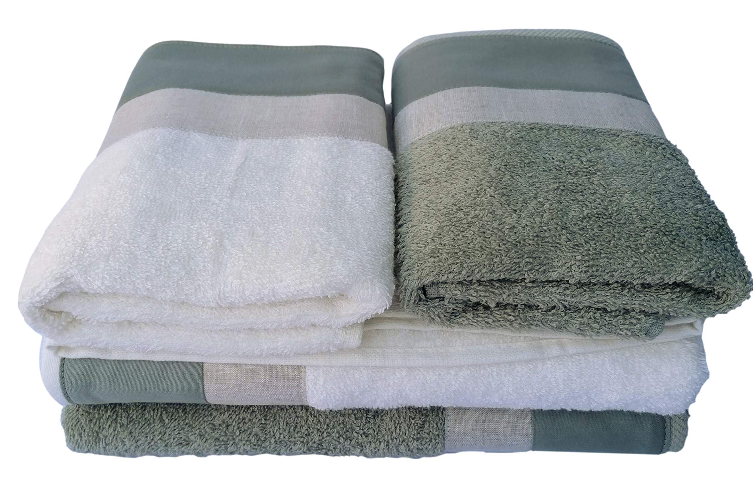 RICAMI FIORENTINI BALDI Set Asciugamani con Balza Lino e Raso, Spugna di Cotone 100%, 4 Pezzi: 2 Viso + 2 ospite. Idea Regalo. Prodotto Artigianale Toscano (4 Pezzi, Siena-Duo, Verde)