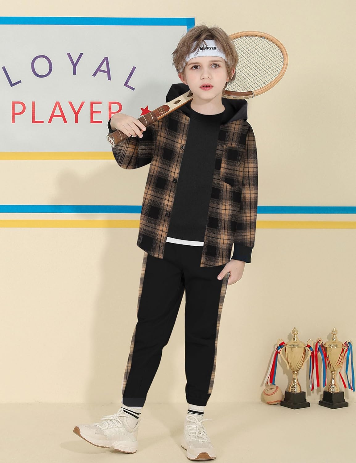 Toddler Boys Clothes Button Down Hooded Plaid Long-sleeve Tops + Sweatpants 4-10 Years Old - Image 3