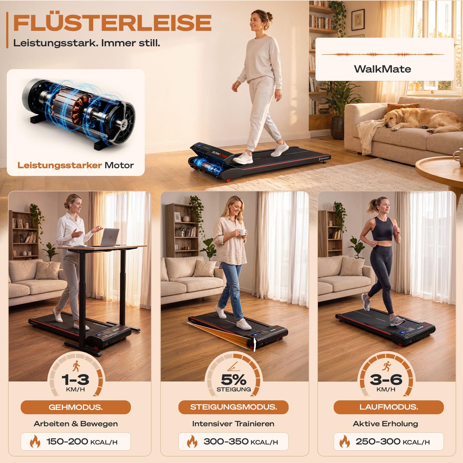 Sportstech Walking Pad - Laufband Für Zuhause mit Steigung bis 5% | 1-6km/h, inklusive App Mitgliedschaft | Home Office, Schrittzähler, leicht & kompakt, Transportrollen | WalkMate bis 120kg