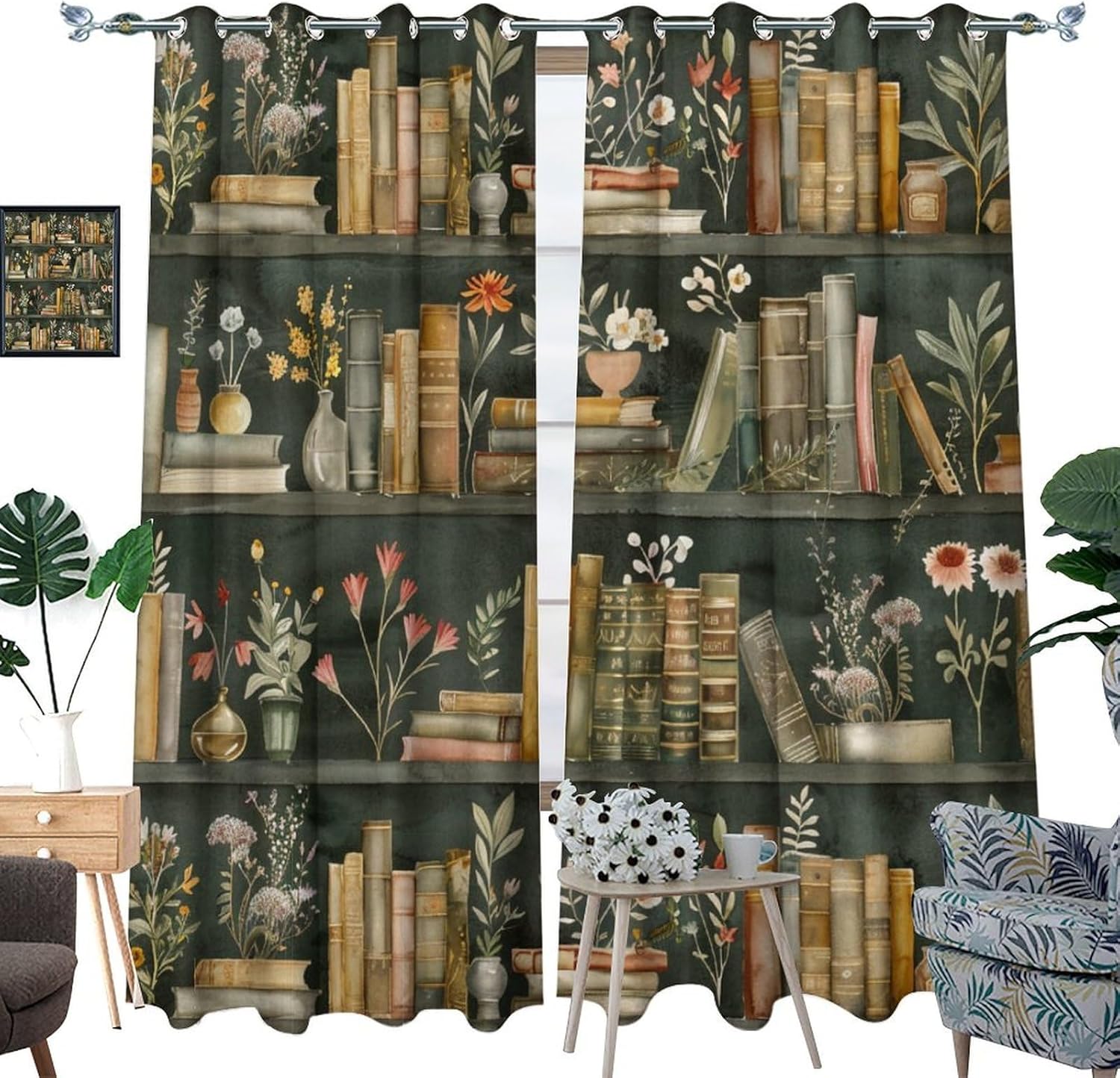Bookshelf Floral Blackout Curtains for Bedroom, Classic Library Colorful Flower Grommet Curtains Thermal Insulated Window Drapes for Living Room, 21W x 45L, 2 Panels