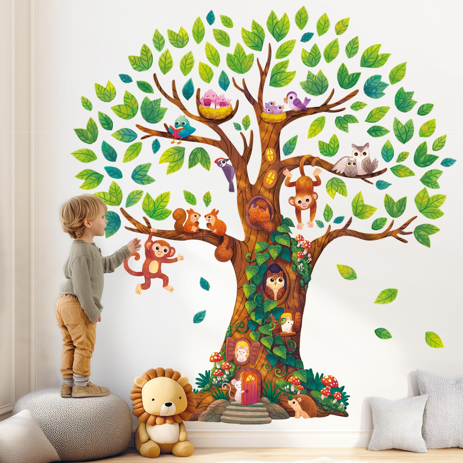 Decowall Tree B Giant Woodland Tree Wall Stickers, Forest Animal Tree Wall Decals For Nursery Bedroom Living Room Decor (Dl4-2303)