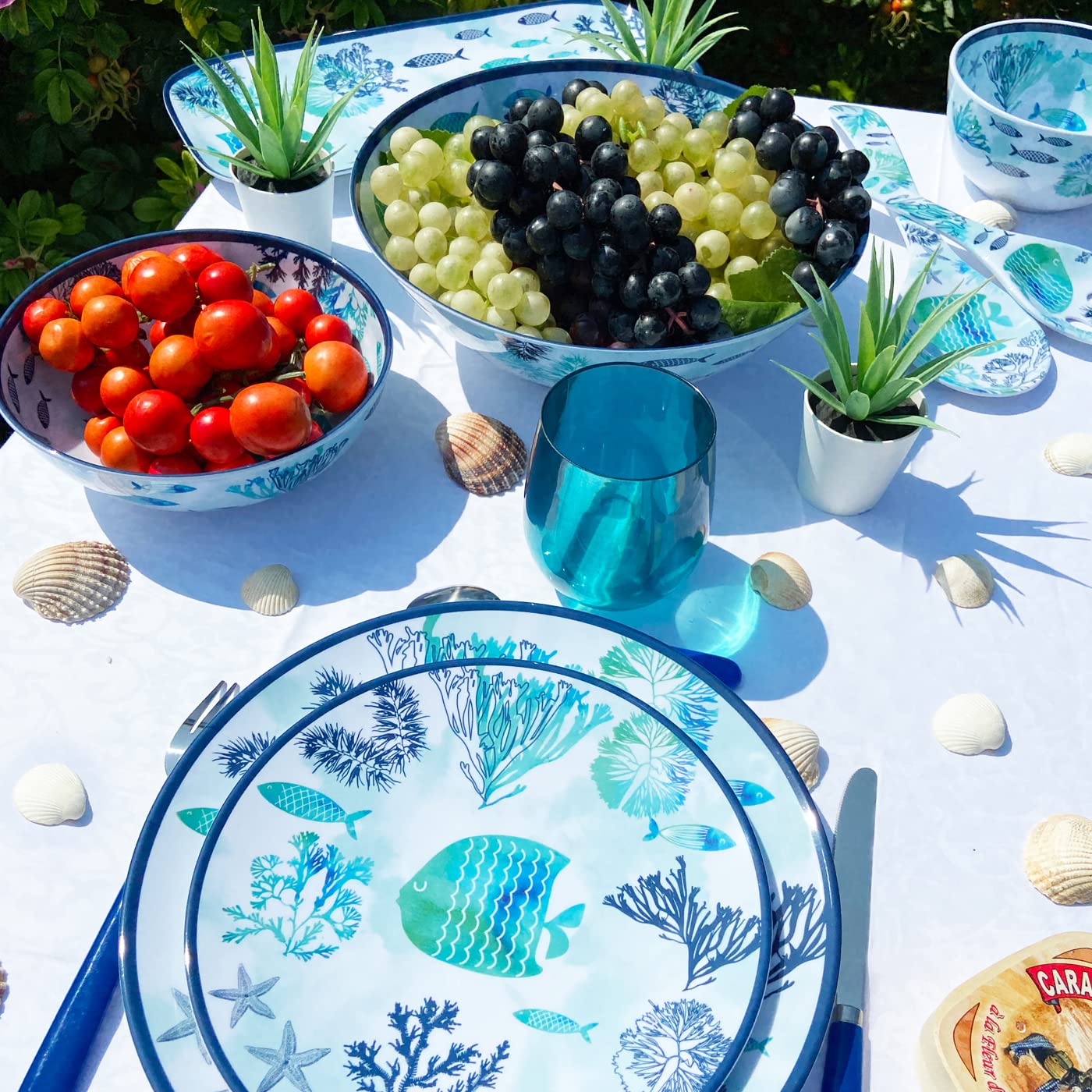 Les Jardins de la Comtesse - Couverts à salade en Mélamine - Caraïbes - 33 cm - Bleu Mer et Poissons - Service de Table de la Vaisselle Quasi-Incassable MelARTmine