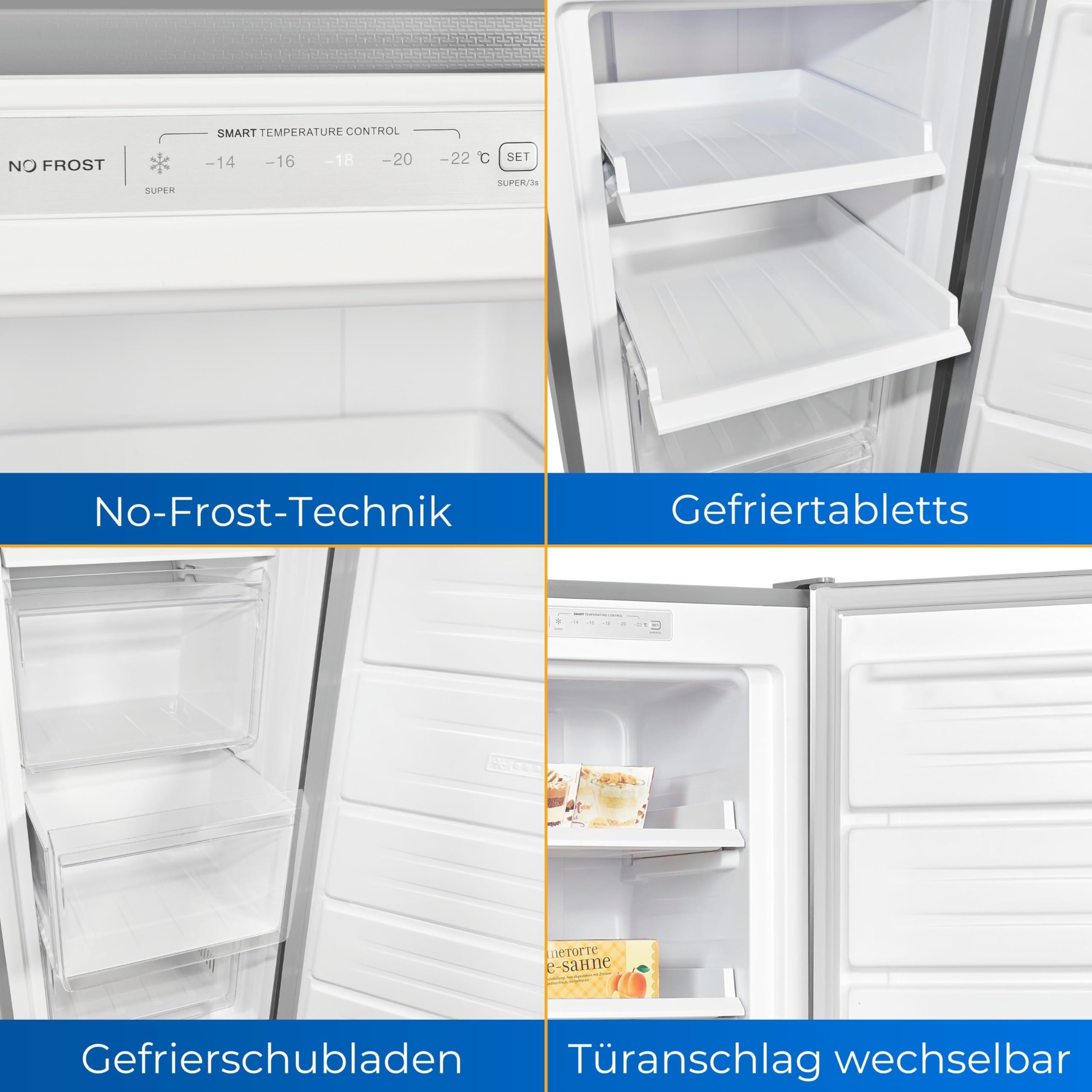 Exquisit GS231-NF-H-040C Gefrierschrank NoFrost 161 L Inox | Tiefkühlschrank mit Schnellgefrierfunktion, wechselbarem Türanschlag & Energieklasse C