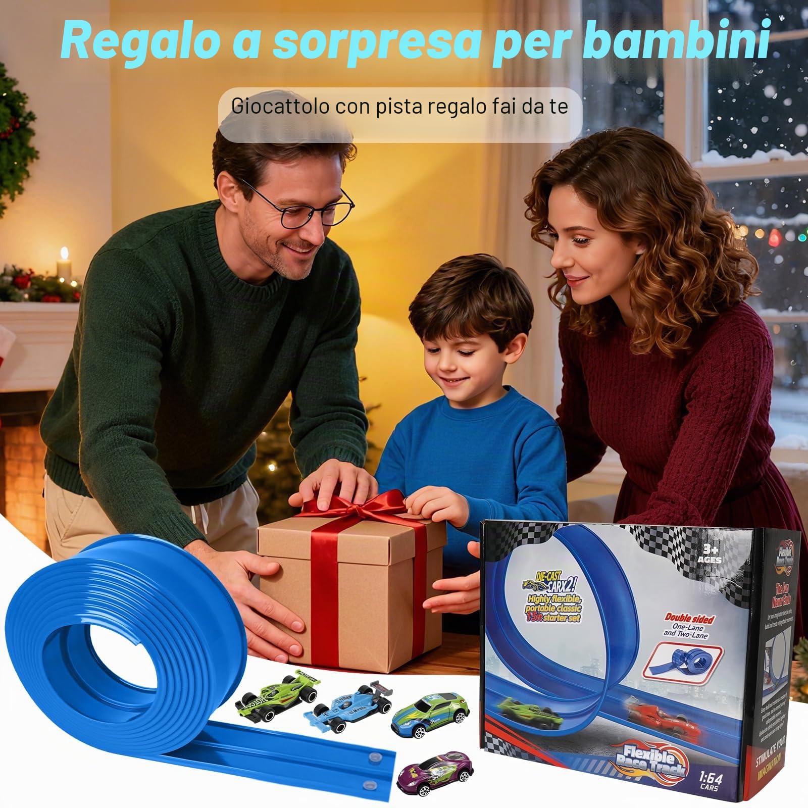 Pista Macchinine (4.5 m), Pista Macchine Flessibile, Piste Macchinine per Bambini 3 4 5 6 7 Anni, Car Track, 4 Auto In Lega Borsa Portaoggetti Regalo per Bambino e Bambine, Blu