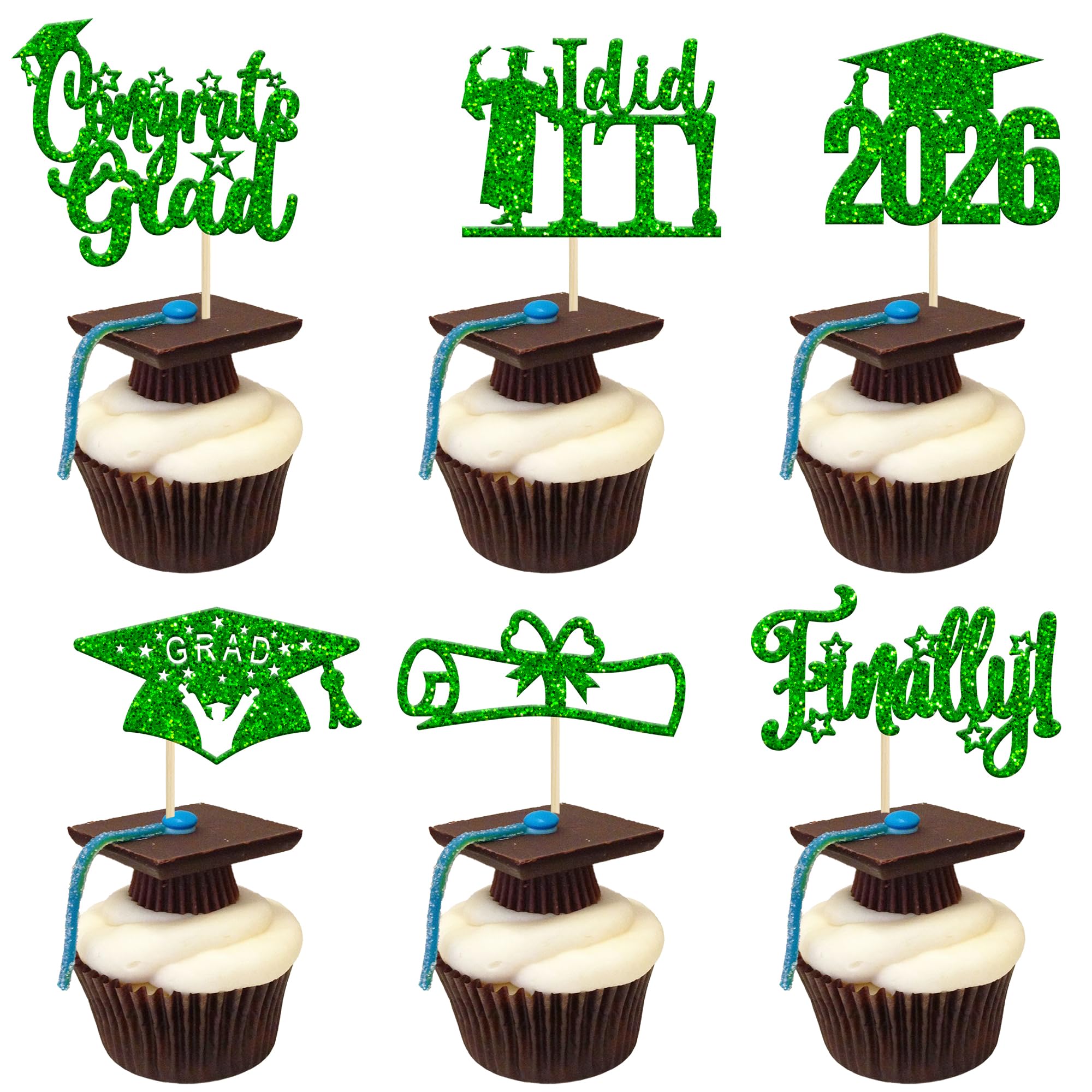 24 Pack Green 2026 Graduation Cupcake Toppers Glitter Finally I Did it Done Diploma Grad Cap Cupcake Picks Congrats Grad Cake Decorations for 2026 Graduation Theme Party Decorations Supplies