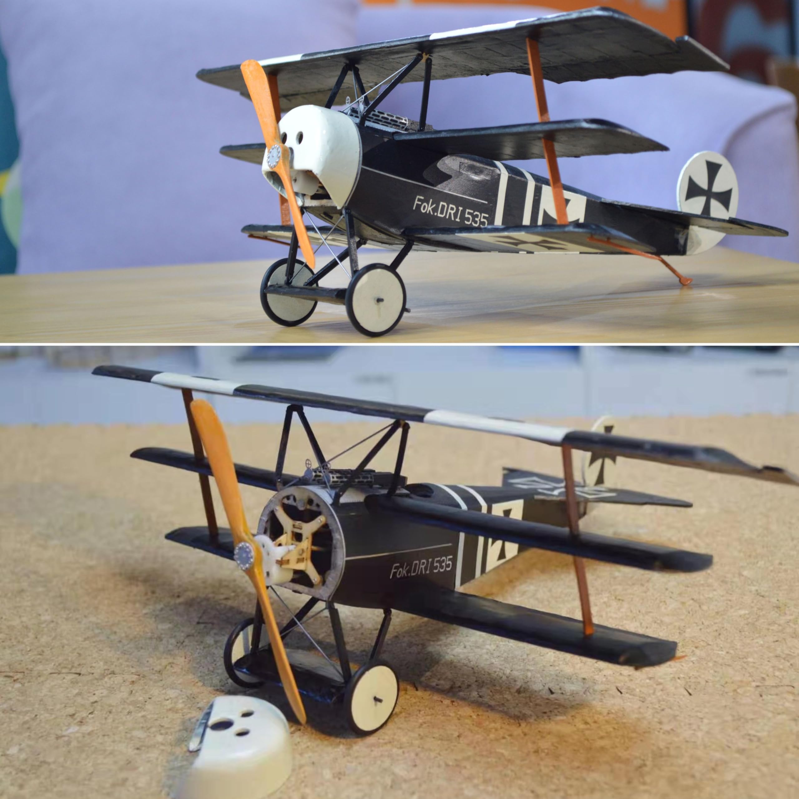 Fokker Dr.1 Slow Flyer Modellflugzeug Kit, Maßstab 1:20, 358 mm Spannweite, RC Flugzeugmodell Baukasten, Modell Flugzeug zum selbst Bauen, gelaserte Balsa Holz Bauteile, 358 x 280 x 135 mm, 48 g RTF