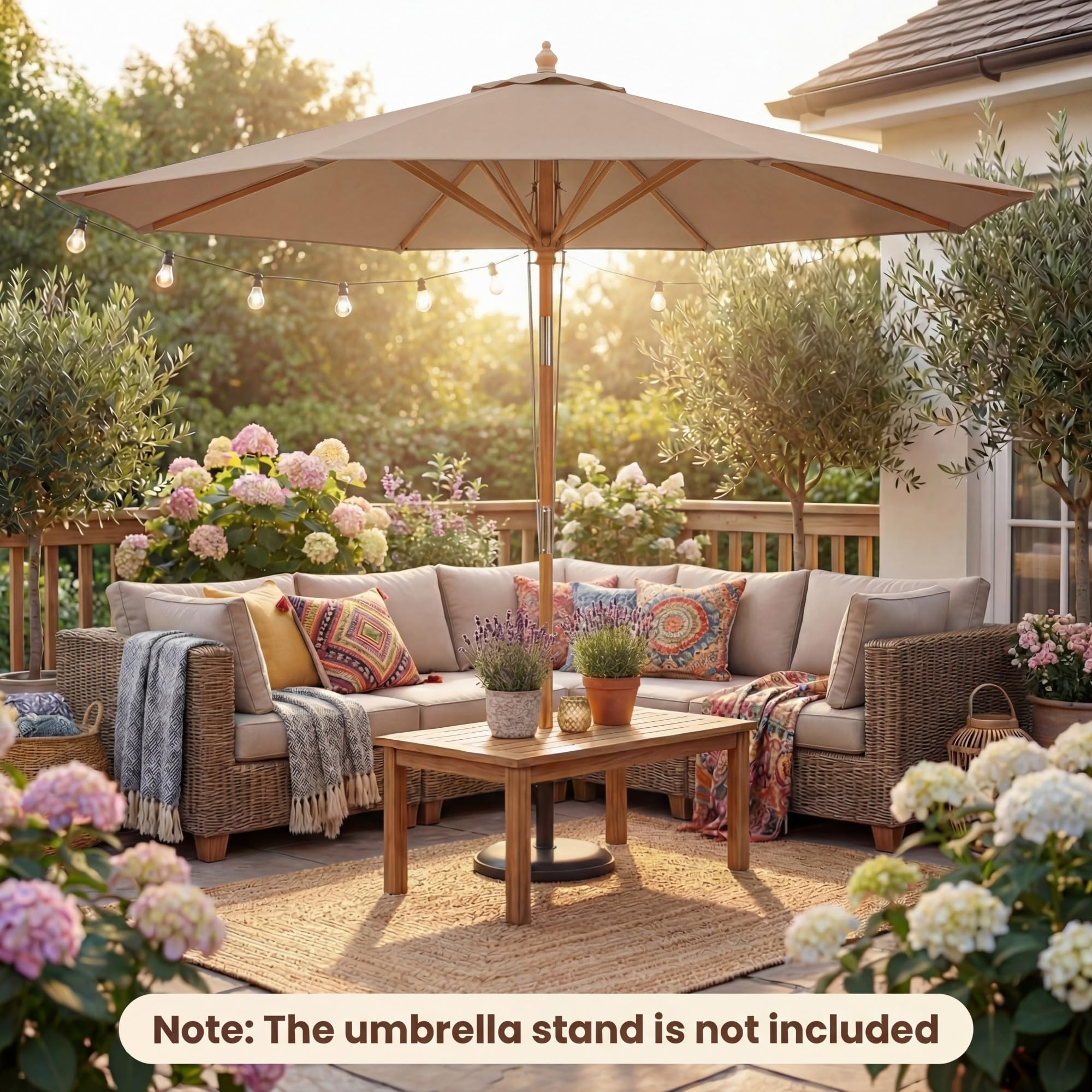 KOMFOTTEU Ombrellone da Giardino Rotondo da 270 cm, Inclinazione e Altezza Regolabile, Ombrellone da Esterno con Struttura in Bambù, 8 Stecche, Anti UV, per Balcone, Terrazzo, Spiaggia