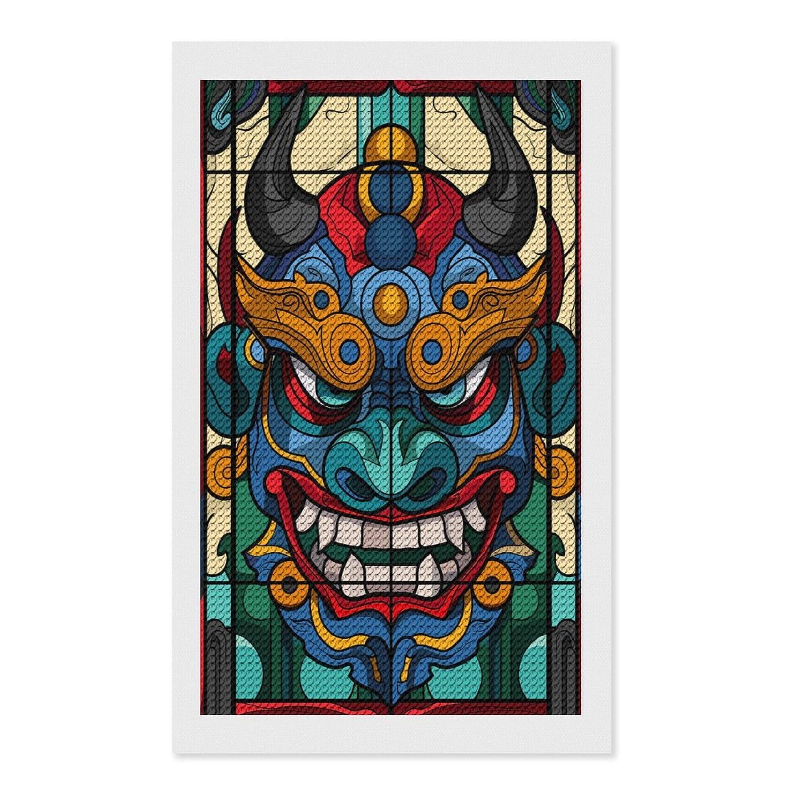 Junmoney Stained Glass Oni Mask Diamond Art Kit 12"x20", Relaxing DIY Hobby, Satisfying Creative Project, Living Room Decor, for Women