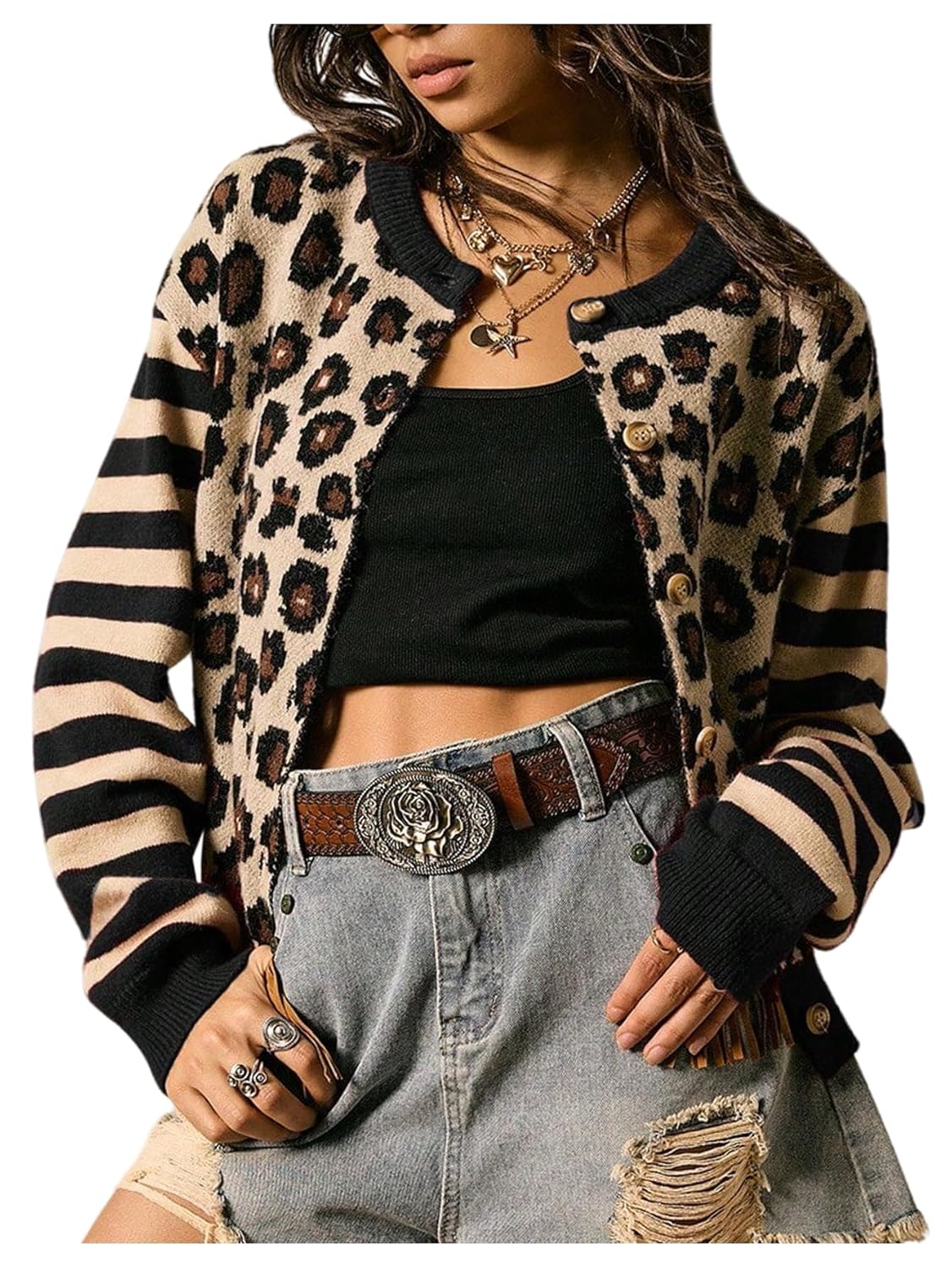 SOLY HUX Womens Leopard Cardigan Sweater Y2k Striped Button Down Long Sleeve Crewneck Colorblock Trendy Tops