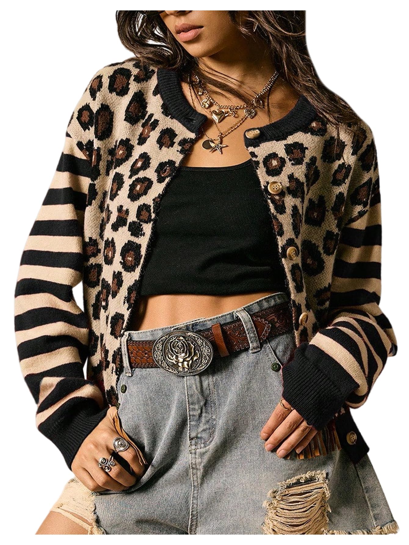 SOLY HUX Womens Leopard Cardigan Sweater Y2k Striped Button Down Long Sleeve Crewneck Colorblock Trendy Tops