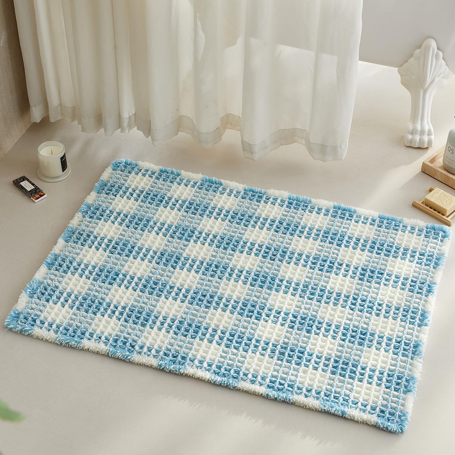 TYUU Waffle Bath Mat, Boho Bathroom Rugs Non Slip Washable Absorbent Checkered Bathroom Mat Quick Dry Cute Bath Mat, 36"x24" Blue and White