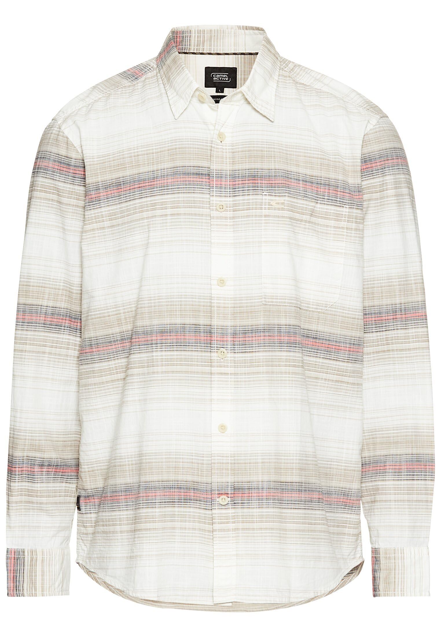 camel active Men's Pure Cotton Striped Shirt, Beige-Grey, L