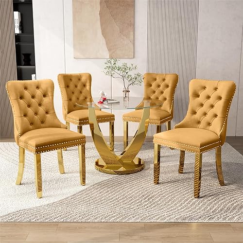 Miniatura 10 de Juego de mesa de comedor redonda de vidrio de 38.9 pulgadas para 4, mesa de comedor redonda con 4 sillas de cocina tapizadas de terciopelo, juego