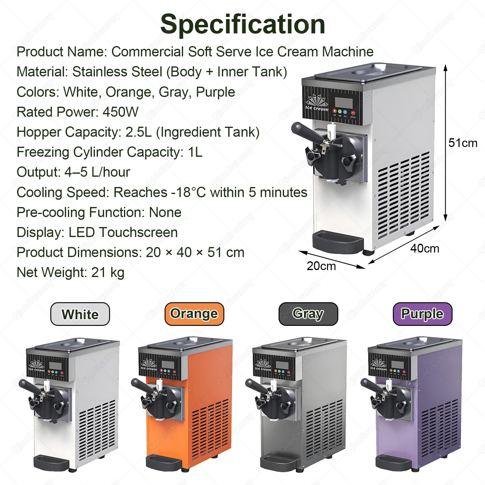 Machine à Glace Italienne pour Usage Domestique Et Commercial, Produisant 4-5 Kg/H, Nettoyage Automatique Et écran LCD, pour Petits Restaurants, Fêtes Et Desserts Quotidiens Orange