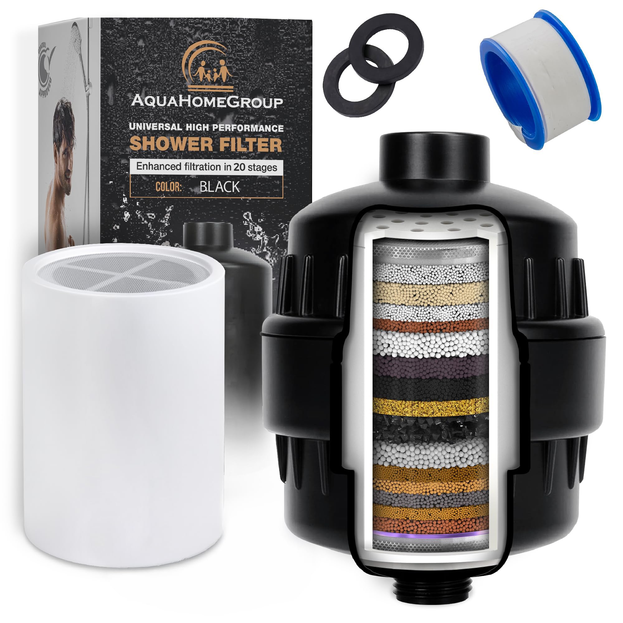 AquaHomeGroup 20 Stage Shower Filter with Vitamin C E for Hard Water - High Output Shower Water Filter to Remove Chlorine and Fluoride - 2 Cartridges Included -Consistent Water Flow Showerhead Filter