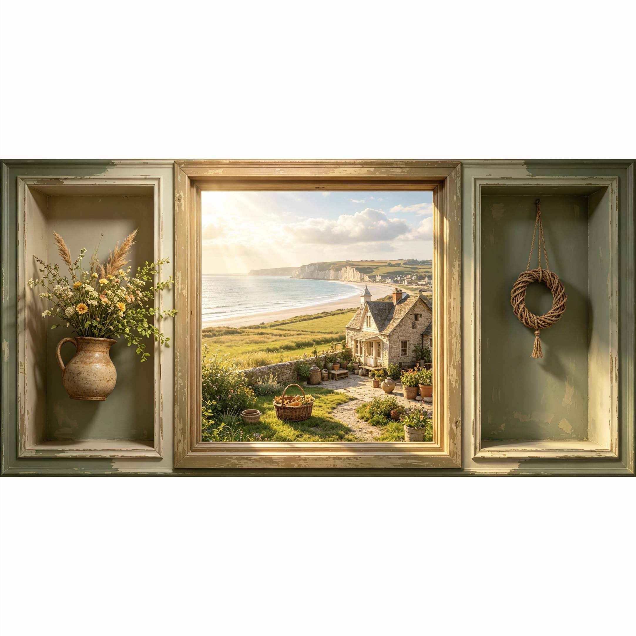 QZLITHOTIC 50x100cm 3D Framed Wall Art， Coastal Farmhouse Seaside Cottage View Self‑Adhesive Mural， Water‑Activated Peel & Stick Fabric Decor Wall Decal for Bedroom Living Room