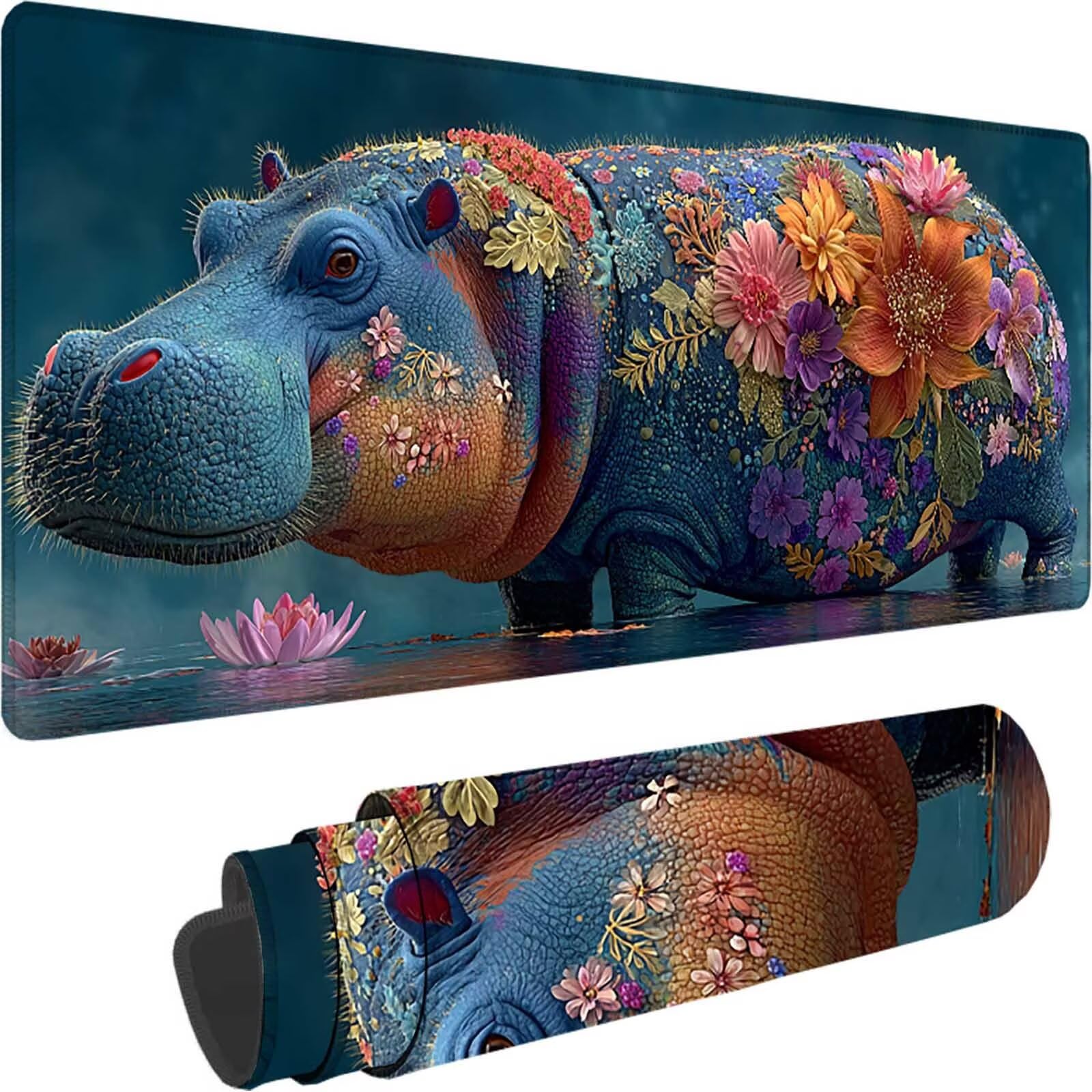Podkładka pod mysz XXL 1200 x 600 x 3 mm, niebieska podkładka pod mysz do gier hipopotam ochraniacz na biurko z szytymi krawędziami, podkładka pod mysz do gier poprawia dokładność i szybkość dla