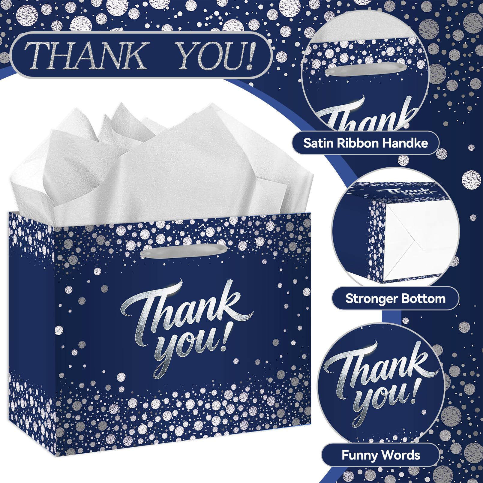 Large Thank You Gift Bag - Blue Silver Gift Wrapping Paper Bag with Tissue Paper and Greeting Card with Envelope - Elegant Silver Foil Design for Weddings, Baby Showers, Graduation, and Corporate Events