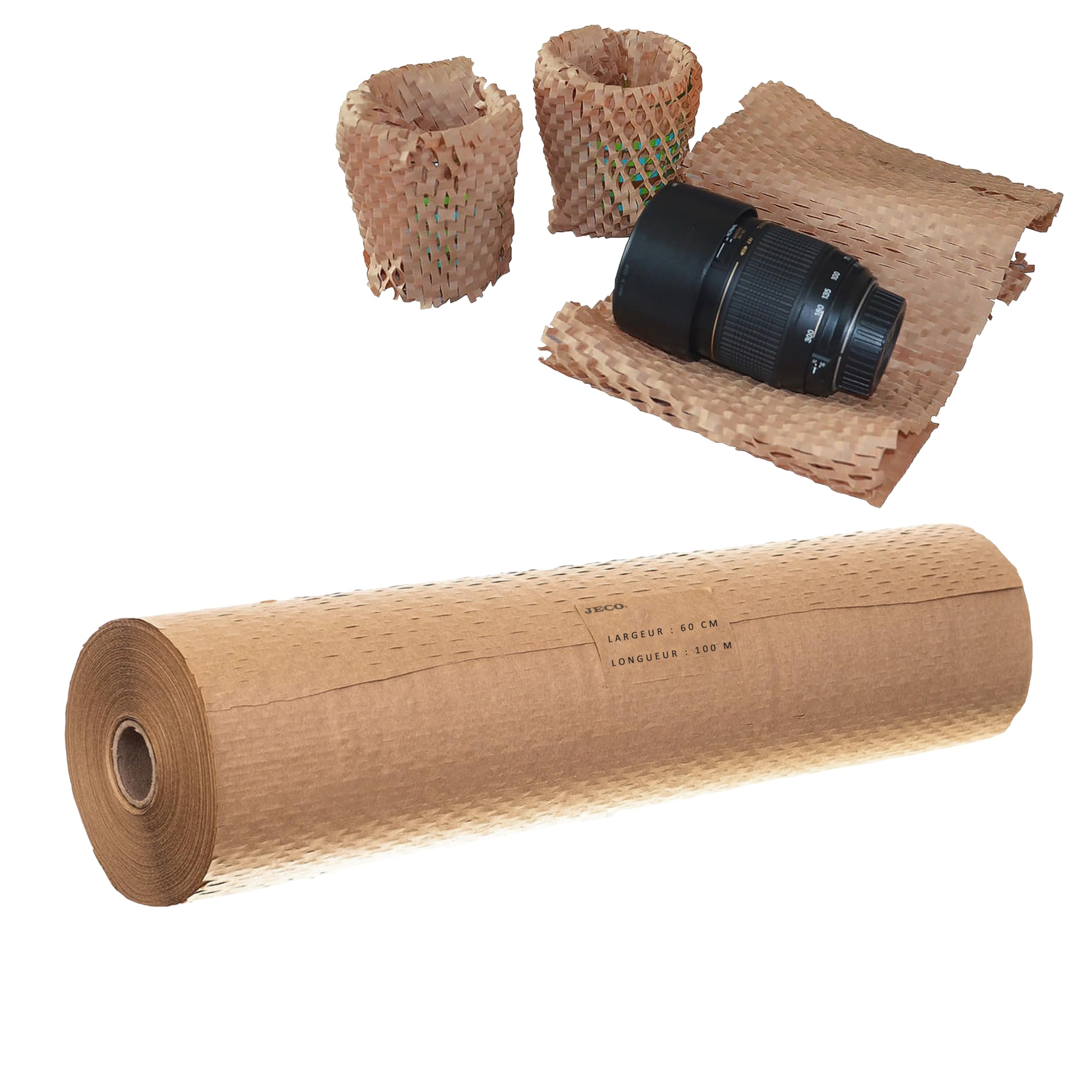Jeco - 1 rouleau de papier kraft en nid d’abeille 60cm x 100m Emballage écologique pour protection, rembourrage, emballage cadeaux, déménagement, remplace le film bulles