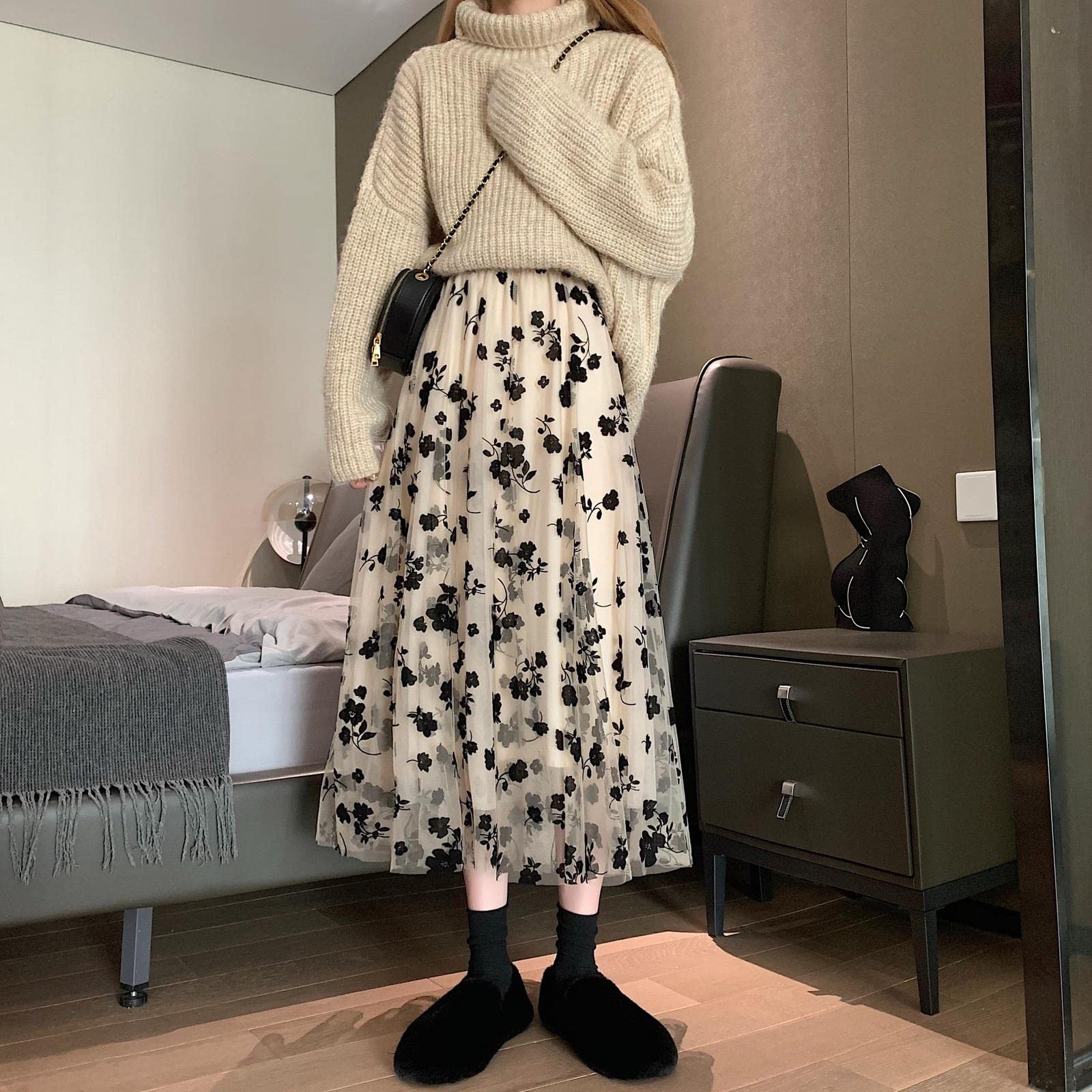 Jupe longue en tulle pour femme - Broderie vintage élastique - Taille haute - Ligne A - Jupe plissée en maille - Jupe midi pour femme