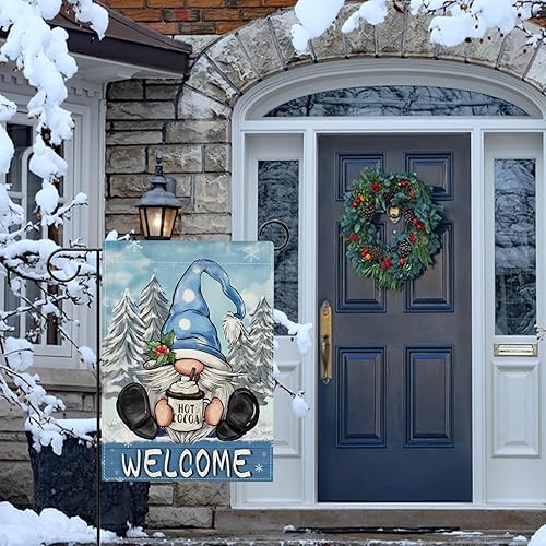 Miniatura 5 de Bandera de jardín de gnomo azul de invierno de bienvenida de doble cara, árbol de pino nevado, copos de nieve de cacao caliente, decoración pequeña