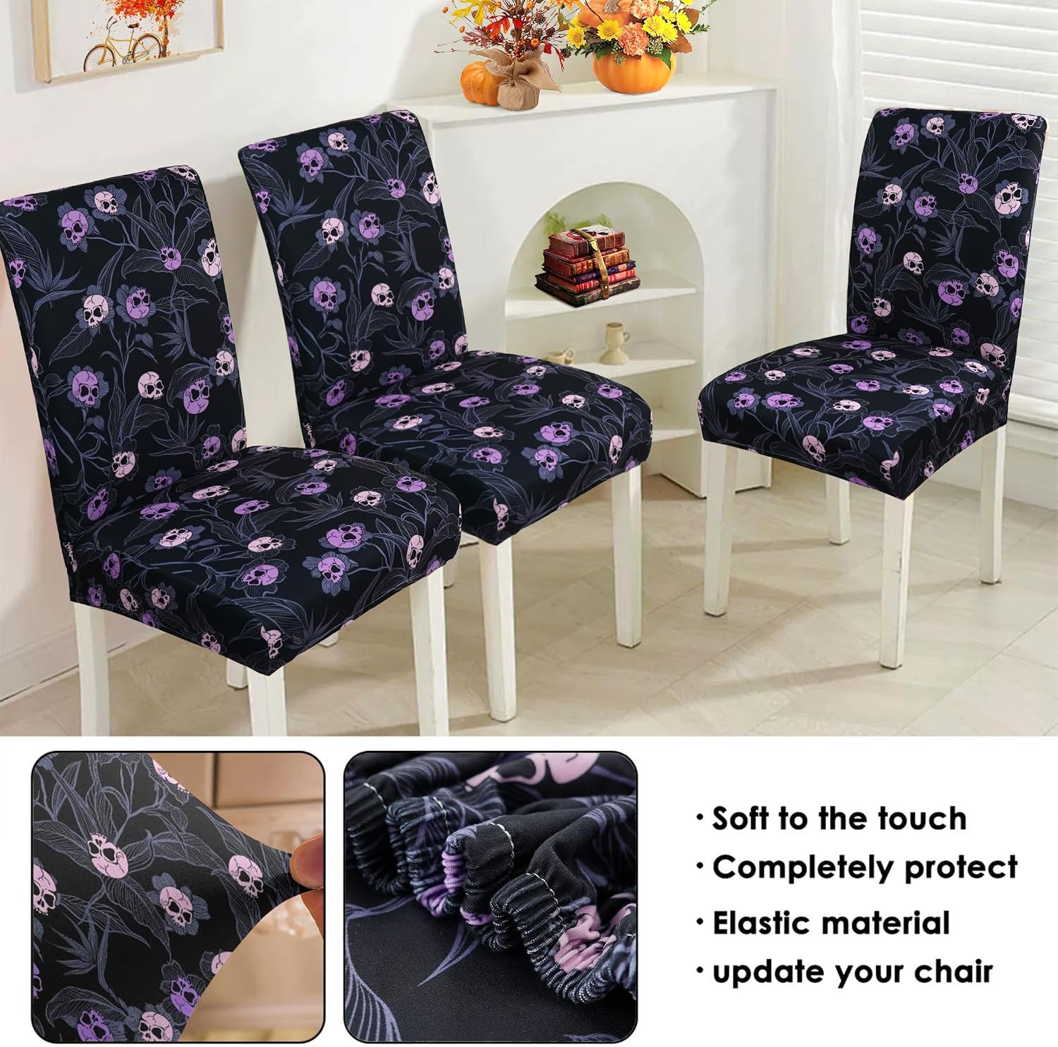 Roszwtit Halloween Goth Skull Chair Covers for Dining Room Set of 4 Halloween Gothic Skeleton Stretch Dining Chair Slipcovers 4 Pieces Spooky Washable Removable Seat Protector 4 Pack Decor