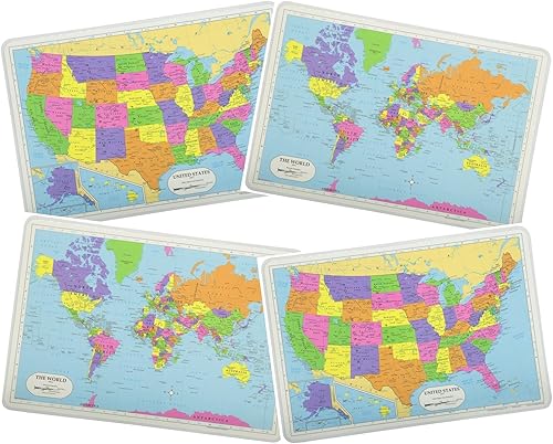Juego de manteles individuales educativos de aprendizaje sin dolor 2 mapas de los Estados Unidos y 2 mapas del mundo antideslizante, lavable