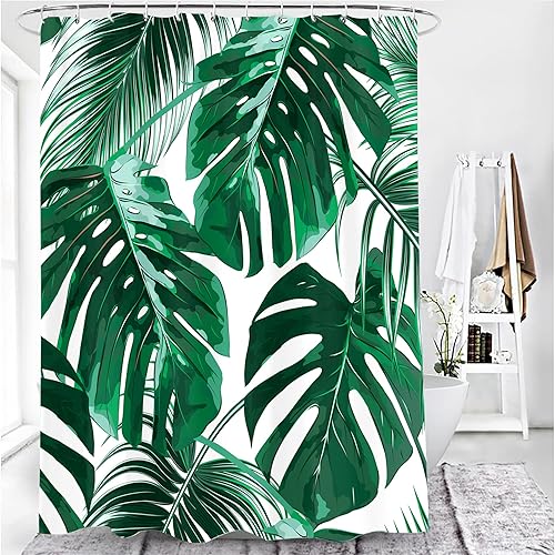 Miniatura 6 de Cortina de ducha con diseño de plantas tropicales, juego de cortinas de ducha botánicas con hojas verdes, cortinas de ducha Monstera para baño, tela