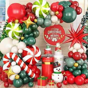 150 PCS Christmas Balloon Arch Kit, Red Green White Balloon Garland Kit with Sage Green Sand Translucent Green Latex Balloons Metallic Gold Balloons, Candy Cane Star Foil Balloons for Xmas Party Decor