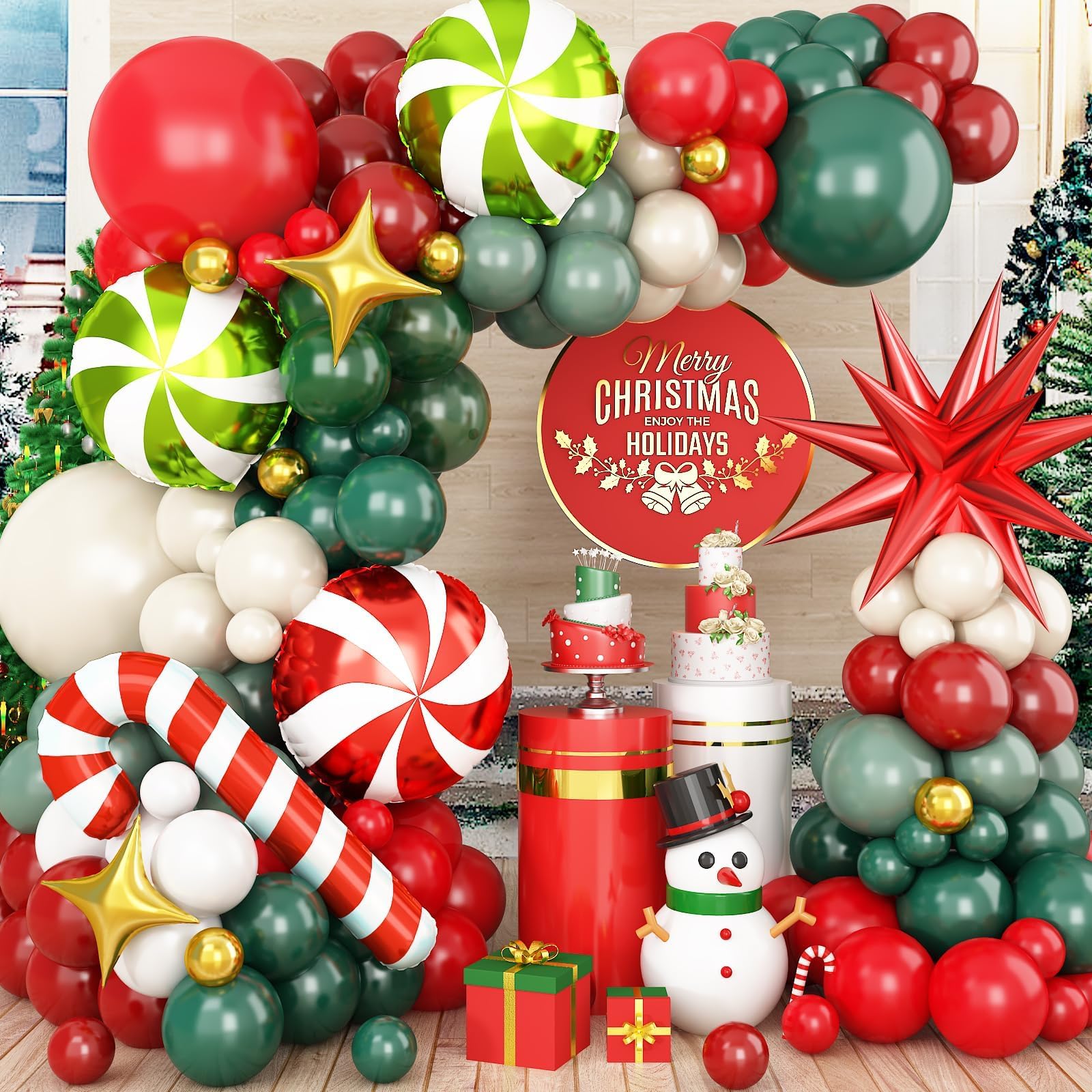 150 PCS Christmas Balloon Arch Kit, Red Green White Balloon Garland Kit with Sage Green Sand Translucent Green Latex Metallic Gold Balloons, Candy Cane Explosion Star Foil Balloons for Xmas