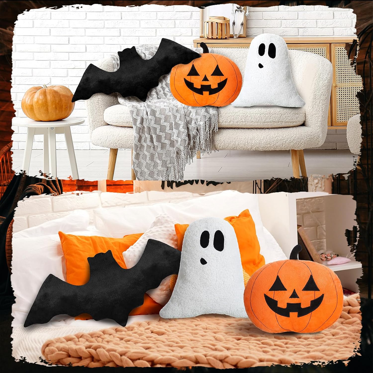Huwena 3 Pcs Halloween Pillow Happy Halloween Decor Pumpkin Ghost Bat Shaped Throw Pillow Crystal Velvet Wool Decorative Cushion Pillowcase for Couch Sofa Bed(Orange Pumpkins, Ghosts, Bats.,Orange)