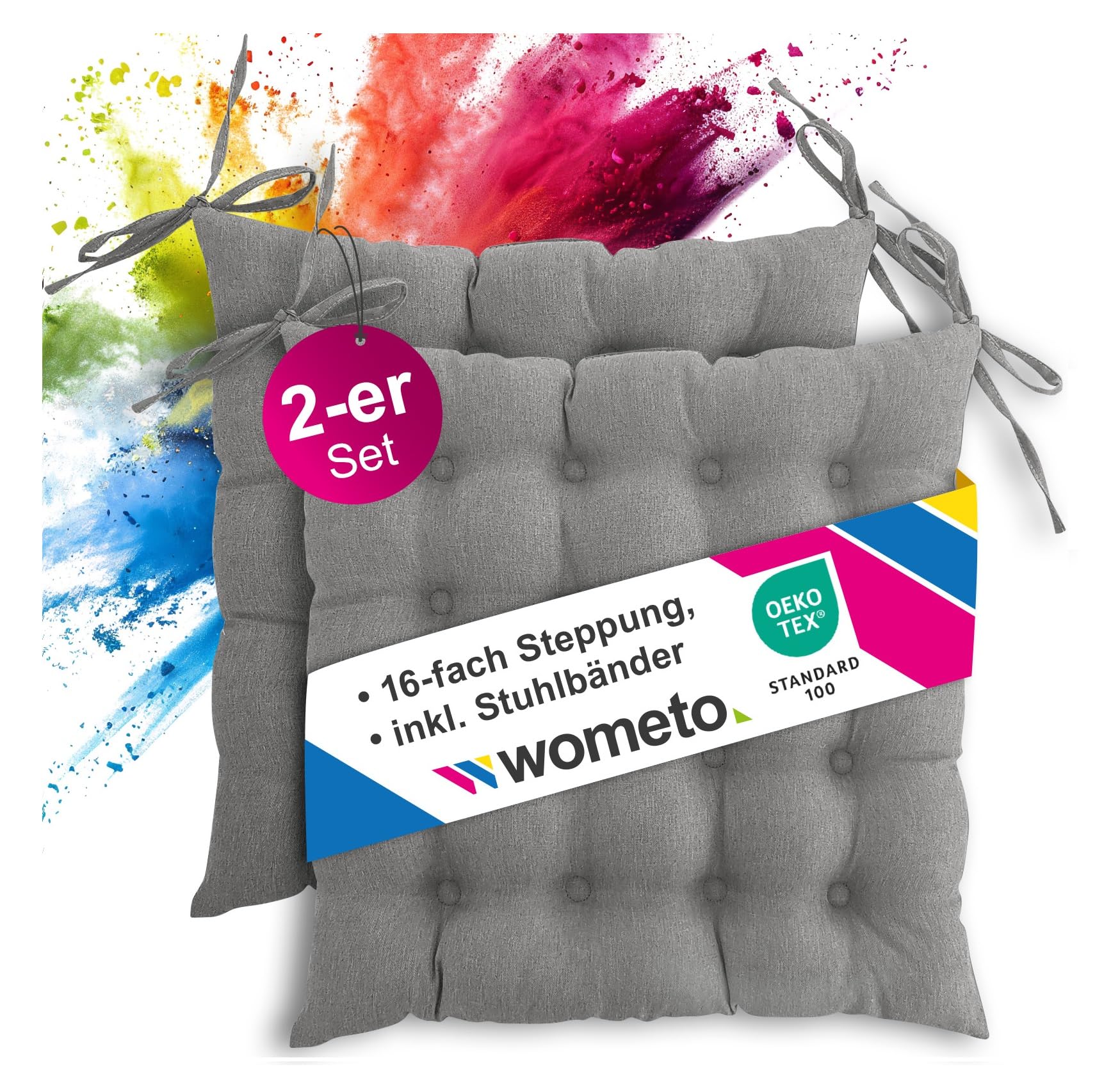 wometo Sitzkissen Stuhlkissen 2er Set 40x40x4 cm Grau - OEKO-TEX STANDARD 100