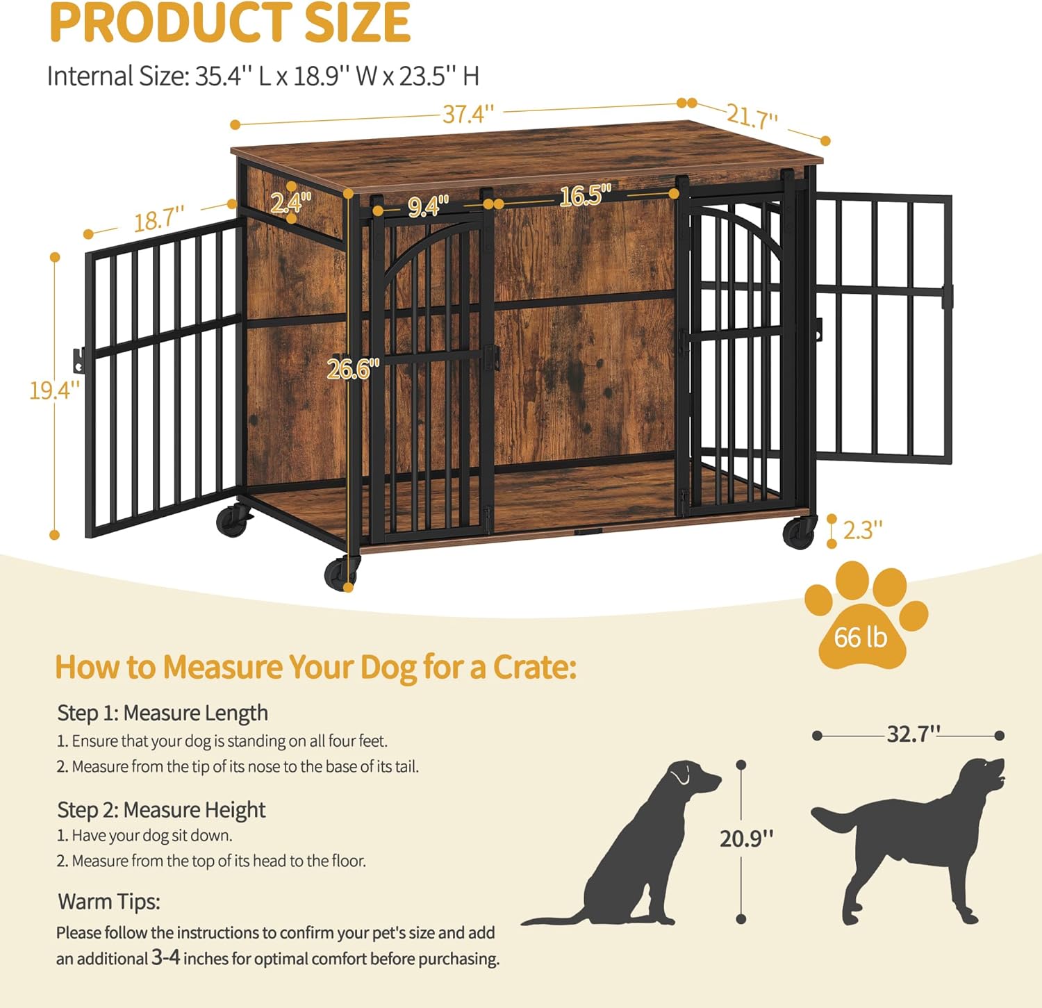 37.4" Dog Crate Furniture with Wheels, Wooden Pet Cage Indoor with Barn Door, L Dog Kennel Heavy Duty, Decorative Pet Crate for Small/Medium Dogs, End Table TV Stand, Rustic Brown DFC86201B