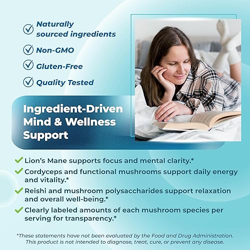 Miniatura 5 de Suplemento para la salud del cortisol con magnesio, Ashwagandha, melena de león y complejo de 10 hongos - Relajación, enfoque y apoyo energético -