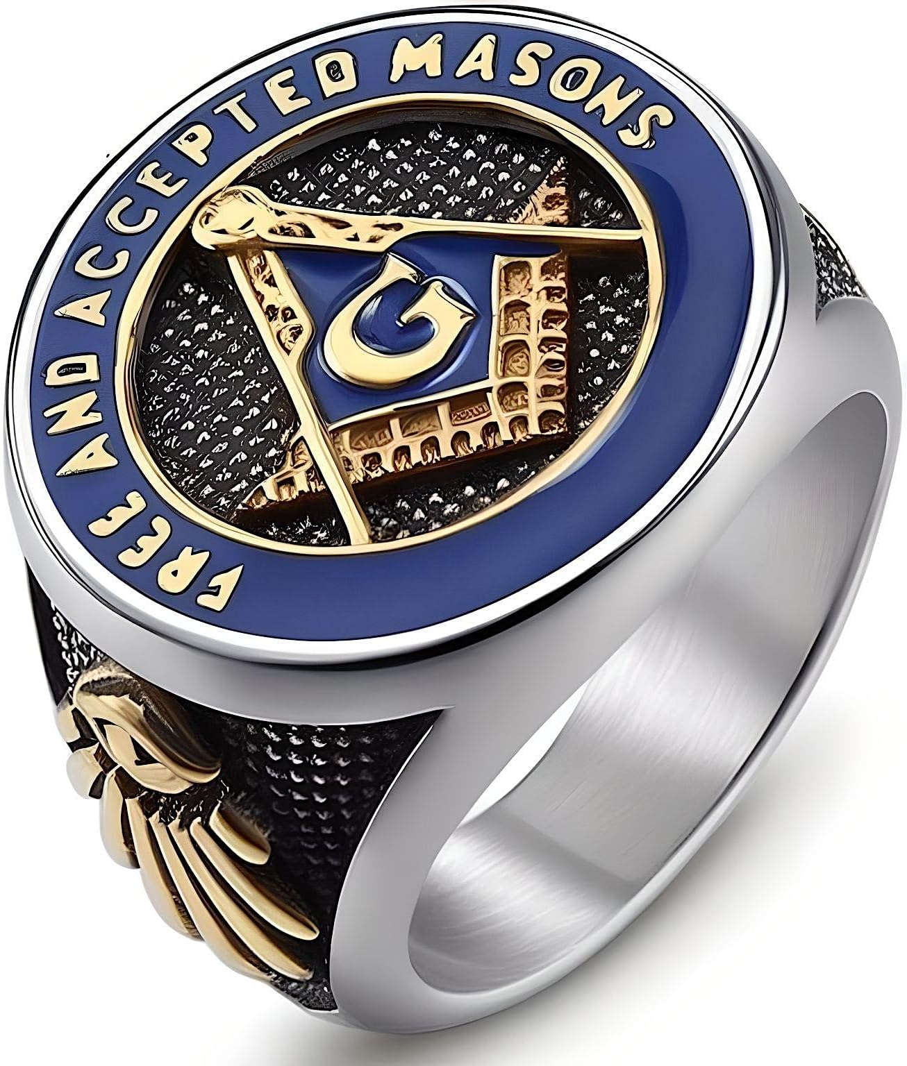 THE MEN THING Masonic Signet Rings For Men | Luxury Solid Pure Titanium Stainless Steel Ring Jewellery (Blue Gold - Stainless Steel, 17-21- 24)