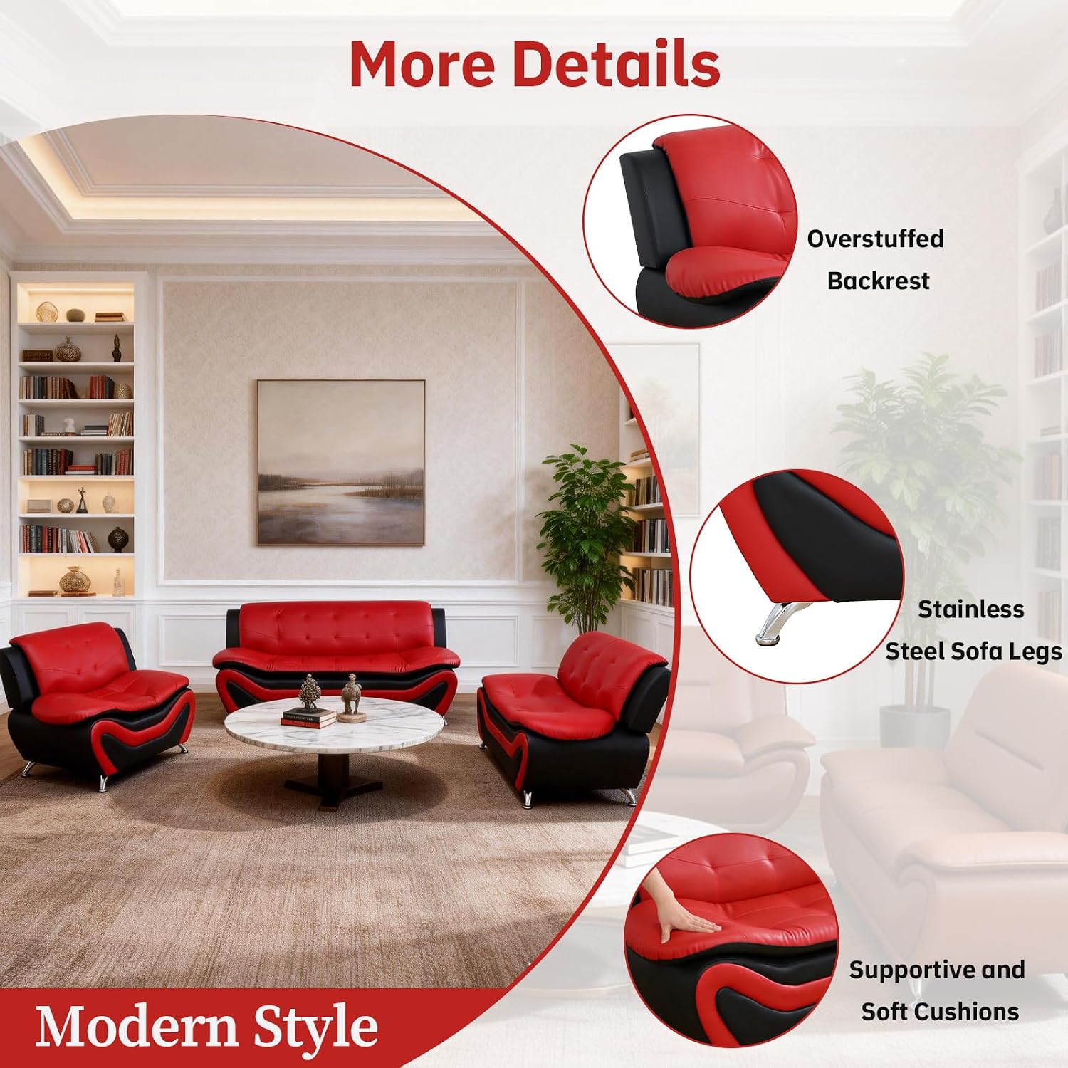 3PCS Sofa Set for Living Room, Modern Leather Couch with Chair, Loveseat & Sofa, 3 Pieces Living Room Furniture (Set, Black&Red Leather)