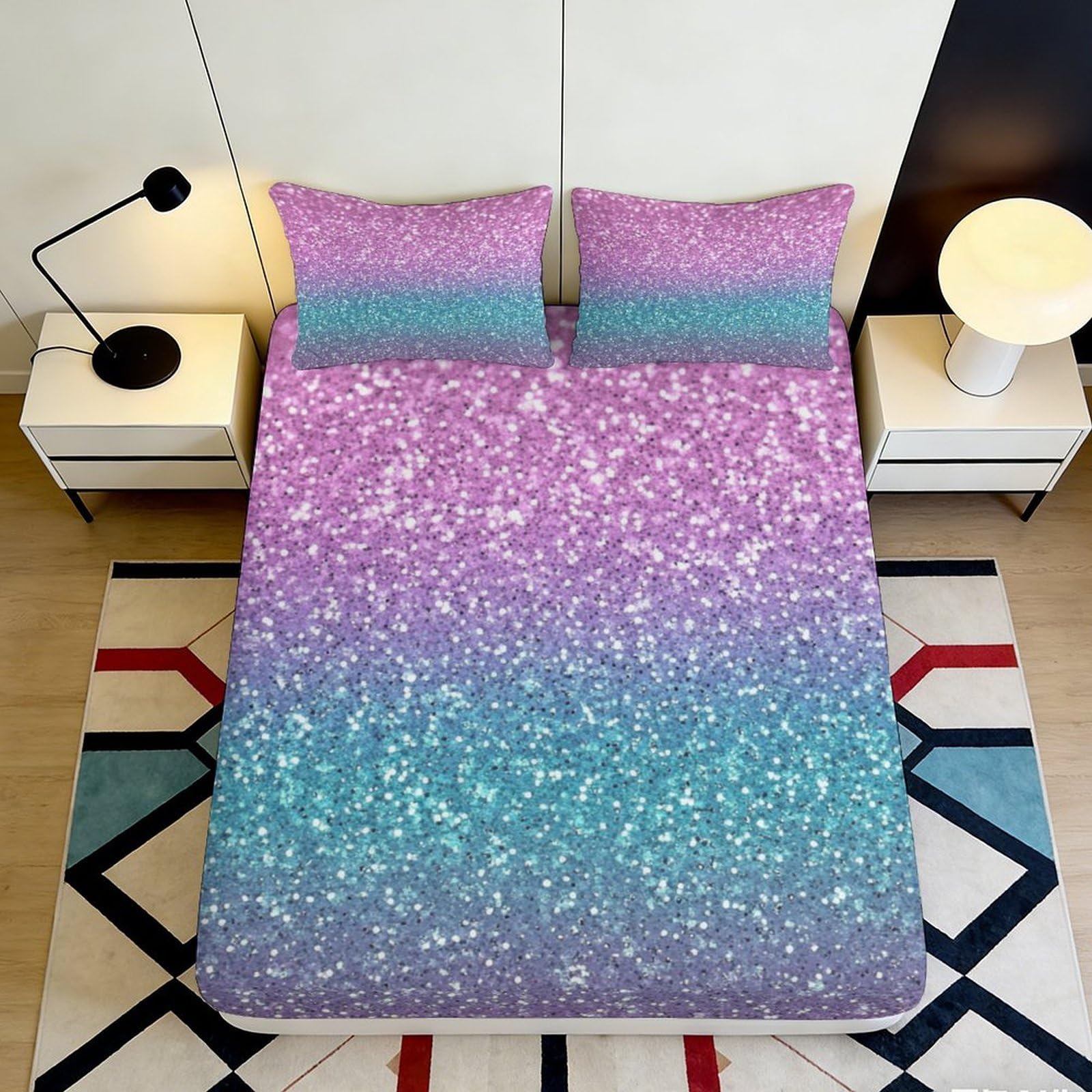 3D Printed Glitter Ombre Fitted Sheet Microfiber Soft Gradient Sparkle Bed Cover for Bedroom Guest Room Dorm Mattress Protection Decor 180x200x25cm