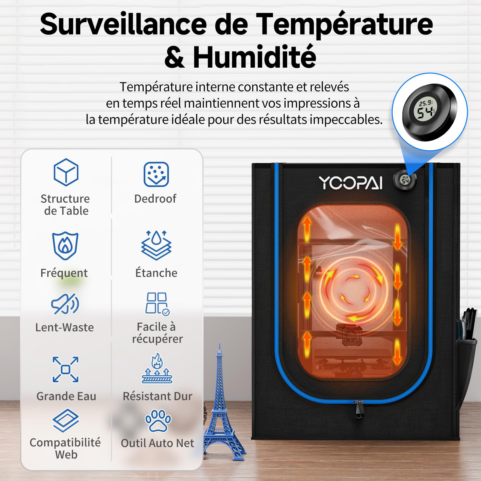 YOOPAI Caisson Imprimante 3D avec Fente pour Lumière, Thermo Hygromètre, Kit de Ventilation pour ANYCUBIC Kobra 3/2 Neo/2 Pro, Creality Ender 3/Ender 3 Pro/Ender 3 V2/Ender 3 S1/Neo