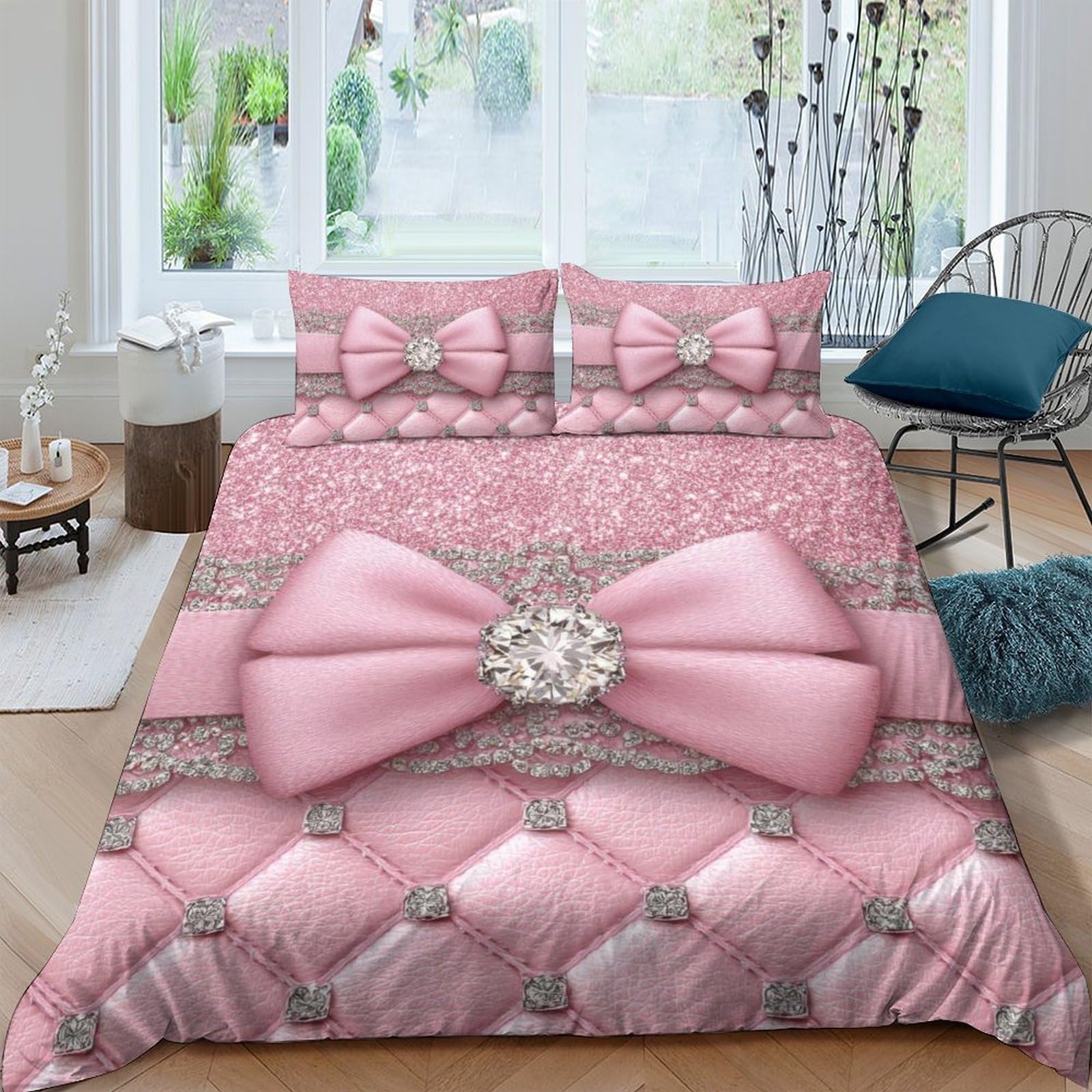 Ctjqhvkz Style-8 3D Printed Pink Bow Ribbon Fitted Sheet Microfiber Soft Decorative Diamond Tufted Bed Cover For Bedroom Guestroom Single（135X200cm）