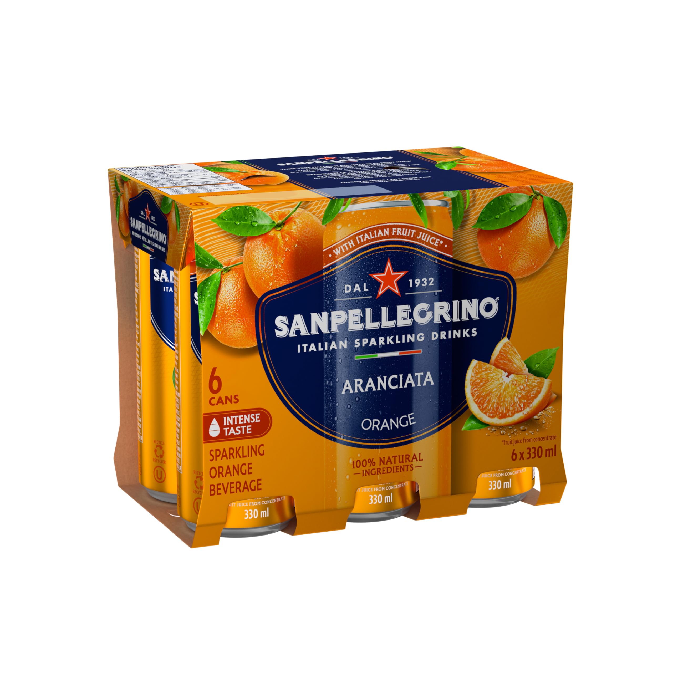 San Pellegrino Naturali - Bebida espumosa italiana Aranciata, naranja, lata de 330 ml, 24 latas en total