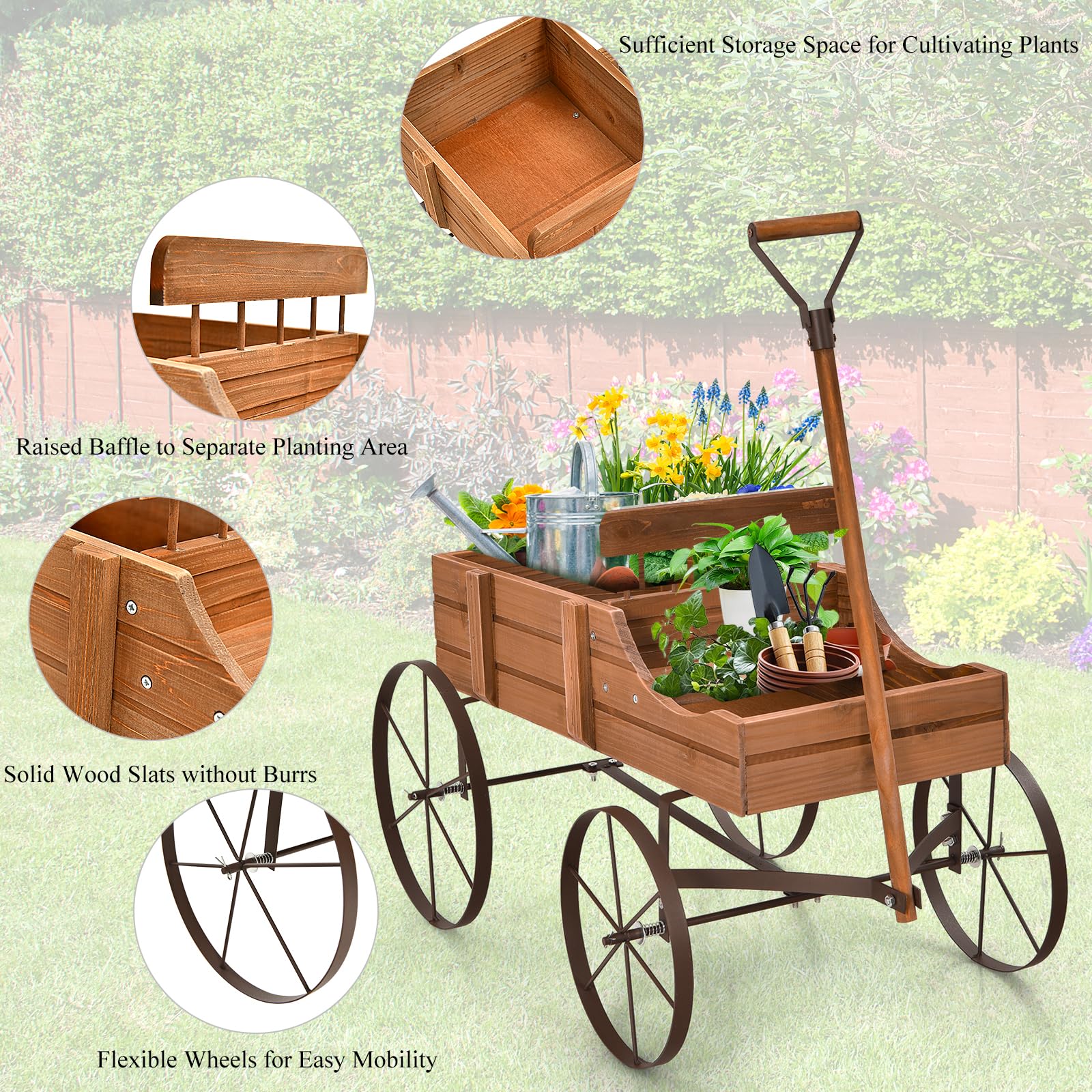 HOMASIS Jardinera Carrito de Madera para Plantas, Carretilla con Ruedas de Metal y 2 Compartimentos, Maceta en Forma de Monociclo Decorativo para jardín, terraza, Patio, 63x35x62,5cm (Marrón)