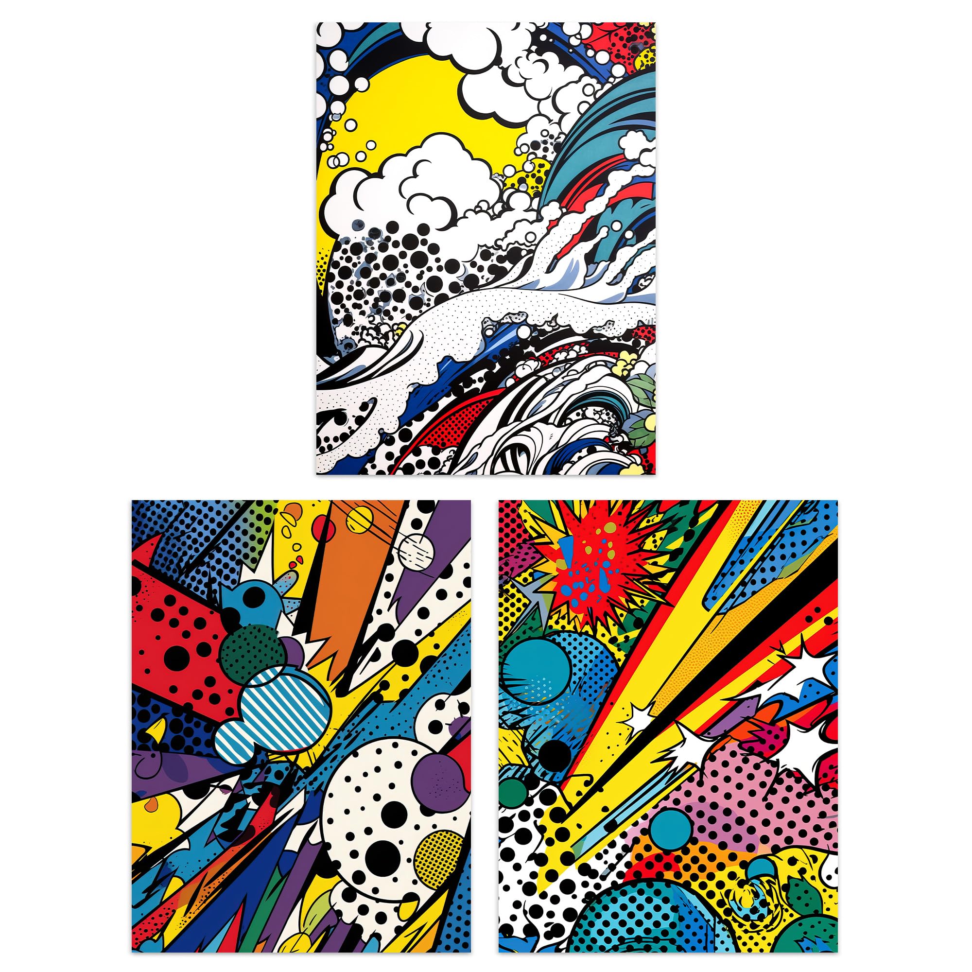 Artery8 Set of 3 A4 Abstract Pop Vibrant Artworks Comic Book Style Splash Bang Crash Colour Explosion Unframed Wall Art Living Room Poster Prints Pack