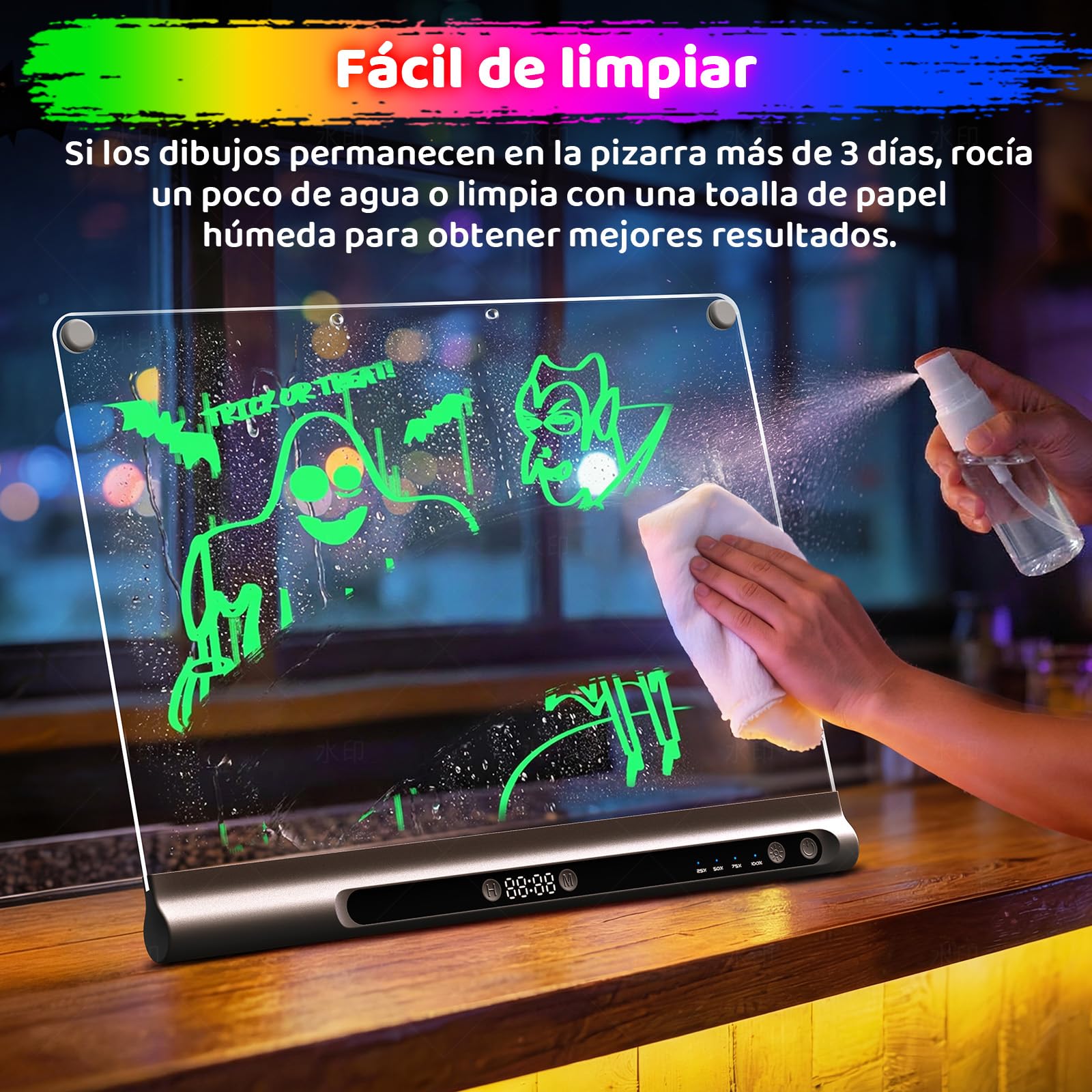 Pizarra LED recargable 41 cm, 9 modos de luz con temporizador y soporte integrado, tablero acrílico neón borrable en seco, regalo niños/adolescentes, 6 rotuladores y libro de calco, negro