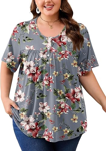 AusLook Plus Size Tunic Tops for Women Pleated Babydoll Blouse Short Sleeve Round Neck Flowy Tunic Tops for Leggings 1X-5X