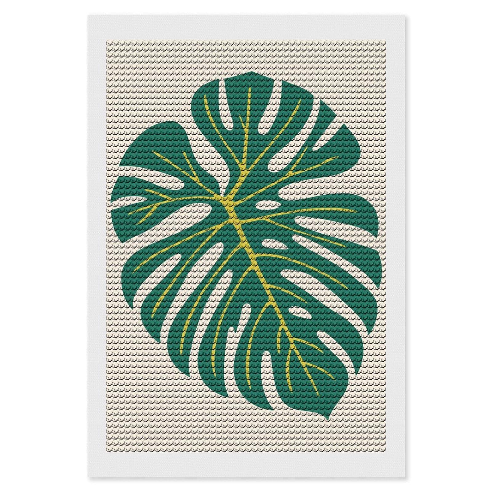 Junmoney Tropical Leaf Illustration Diamond Art Canvas 8"x12", Easy Handmade Project, Complete Accessories, Bedroom Decor, Birthday Gift