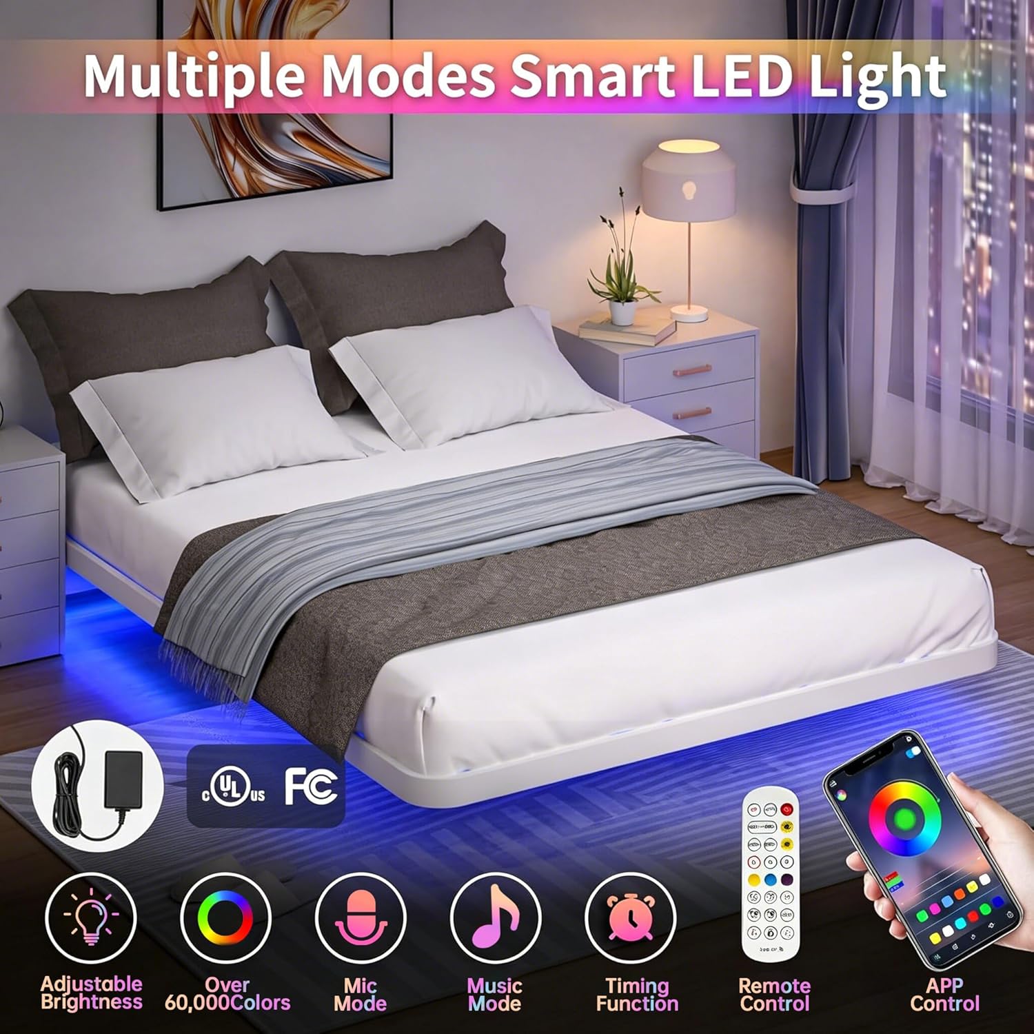 White Floating Bed Frame King Platform Bed Frame with LED Lights, Metal Floating Bed Base with 15 Heavy Duty Steel Slats, Capacity 1500lbs, No Box Spring Needed, Easy to Assemble